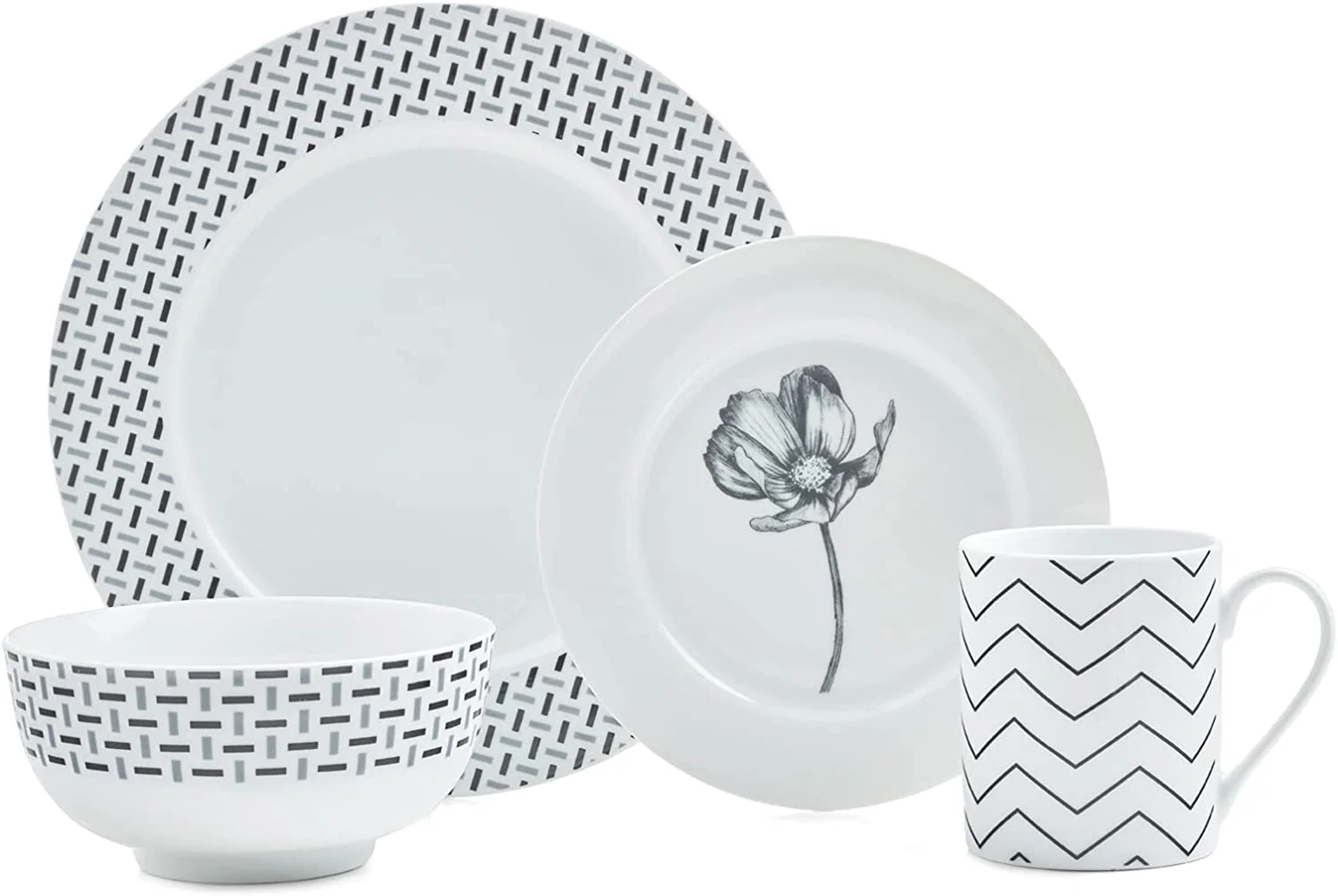 Home Collection Stella 16 Piece Set, Made Of Fine Porcelain, Black And White, Geo And Flower Patterns, Service For 4, Dishwasher And Microwave Safe
