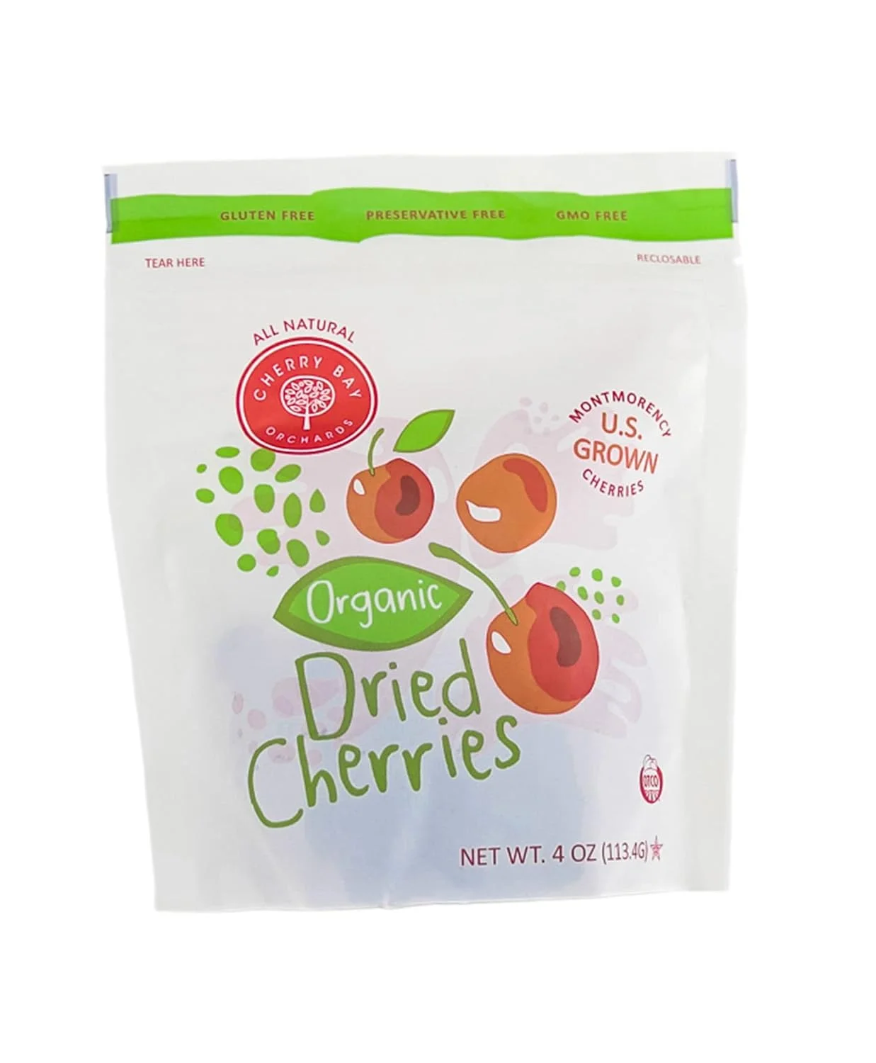 Cherry Bay Orchards Organic Dried Cherries (4 oz Bag) - All Natural Montmorency Cherries 100% US Grown, No Pesticides, Organic Certified, Gluten & GMO Free - Resealable Pouch For Extra Freshness