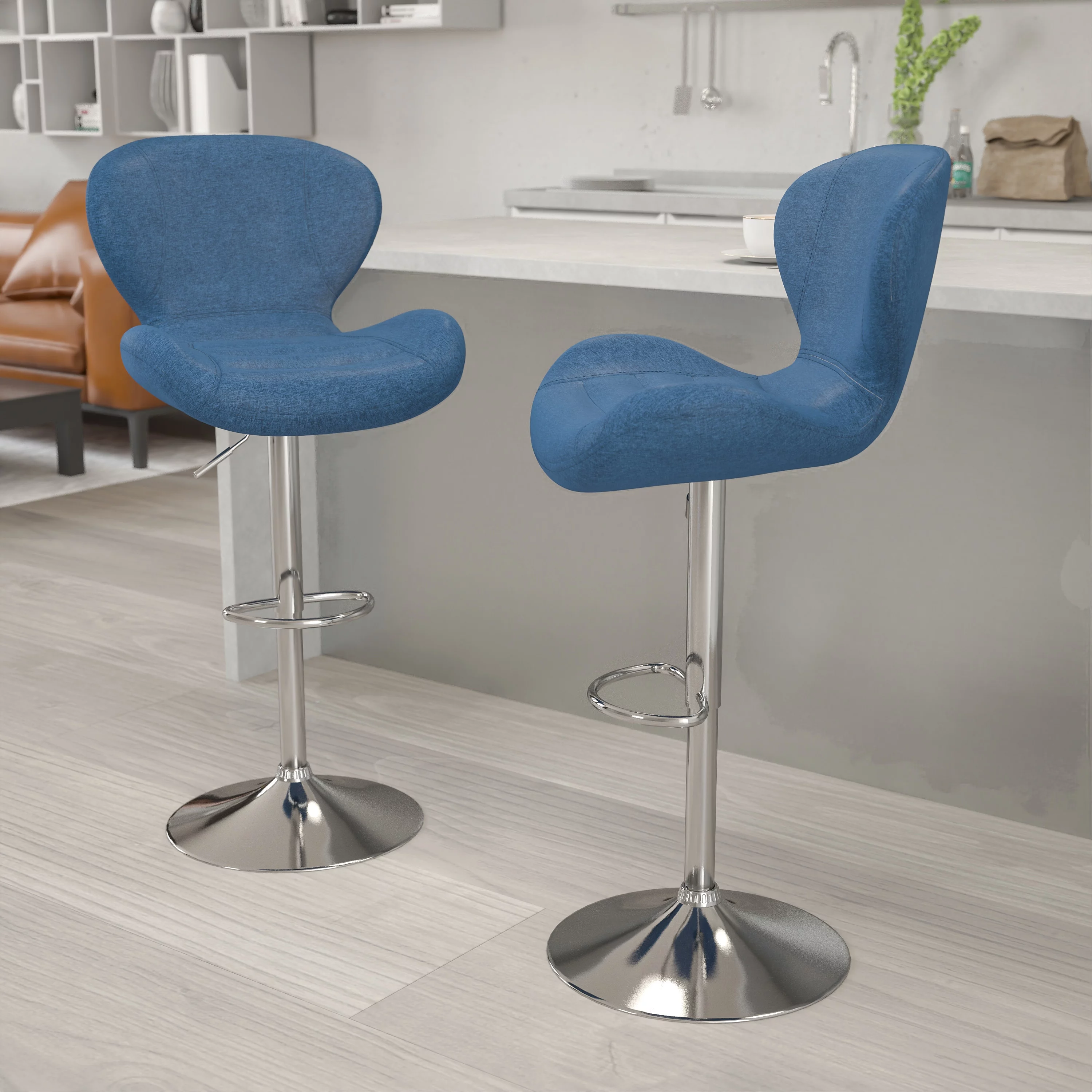 Flash Furniture Modern Low-back Height-adjustable Chrome/Vinyl Barstools (Set of 2) Grey Fabric