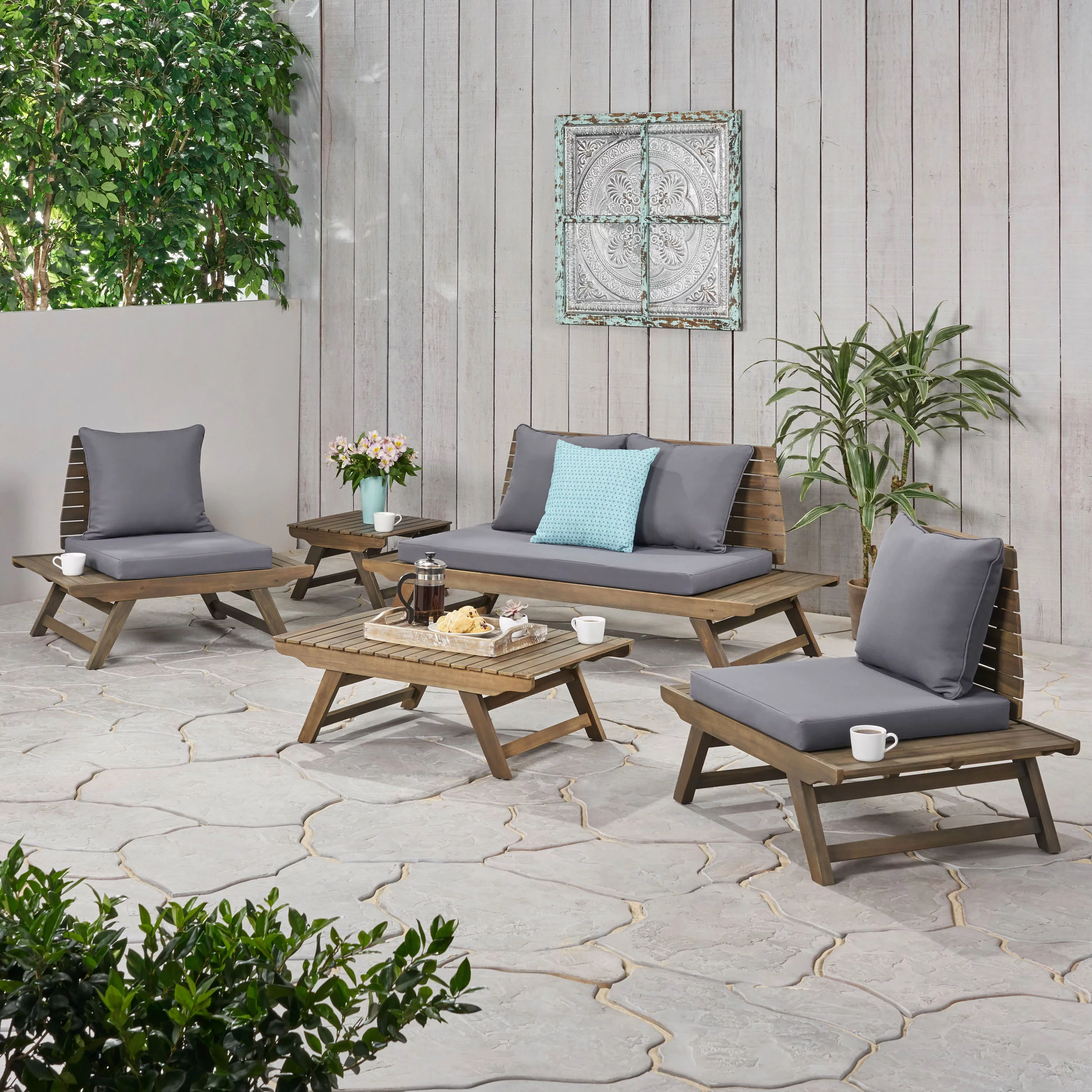 Ledger Outdoor Acacia Wood 4 Seater Chat Set with Side Table and Coffee Table, Gray and Dark Gray