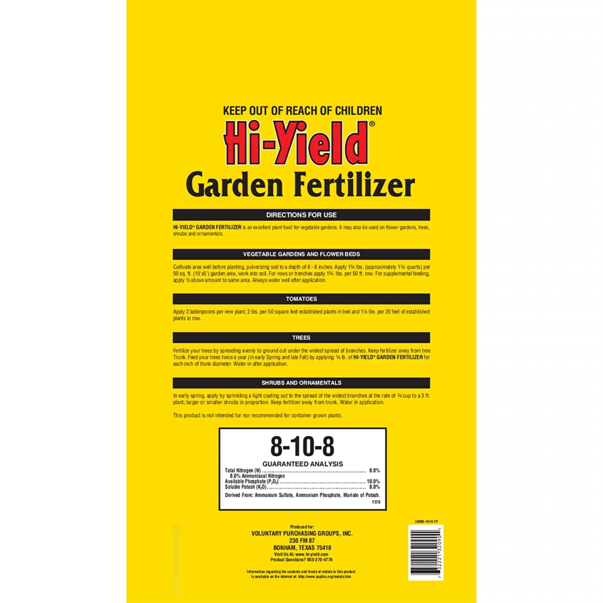 VPG (#32090) Hi-Yield Garden Fertilizers, 8-10-8, 20#