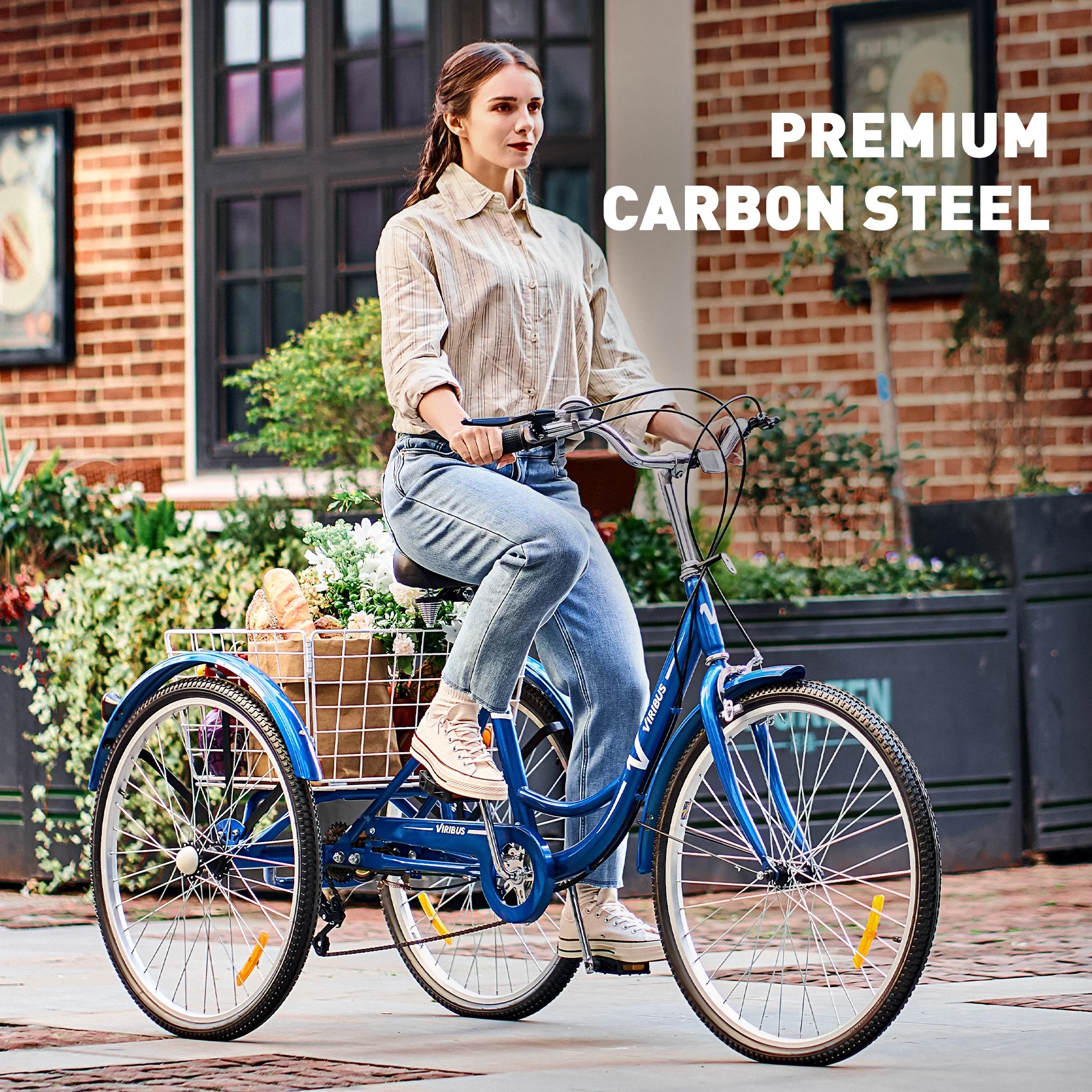 Viribus 24 Inch Adult Tricycle 7 Speed 3 Wheel Cruiser Bike Trike w Rear Basket, Blue