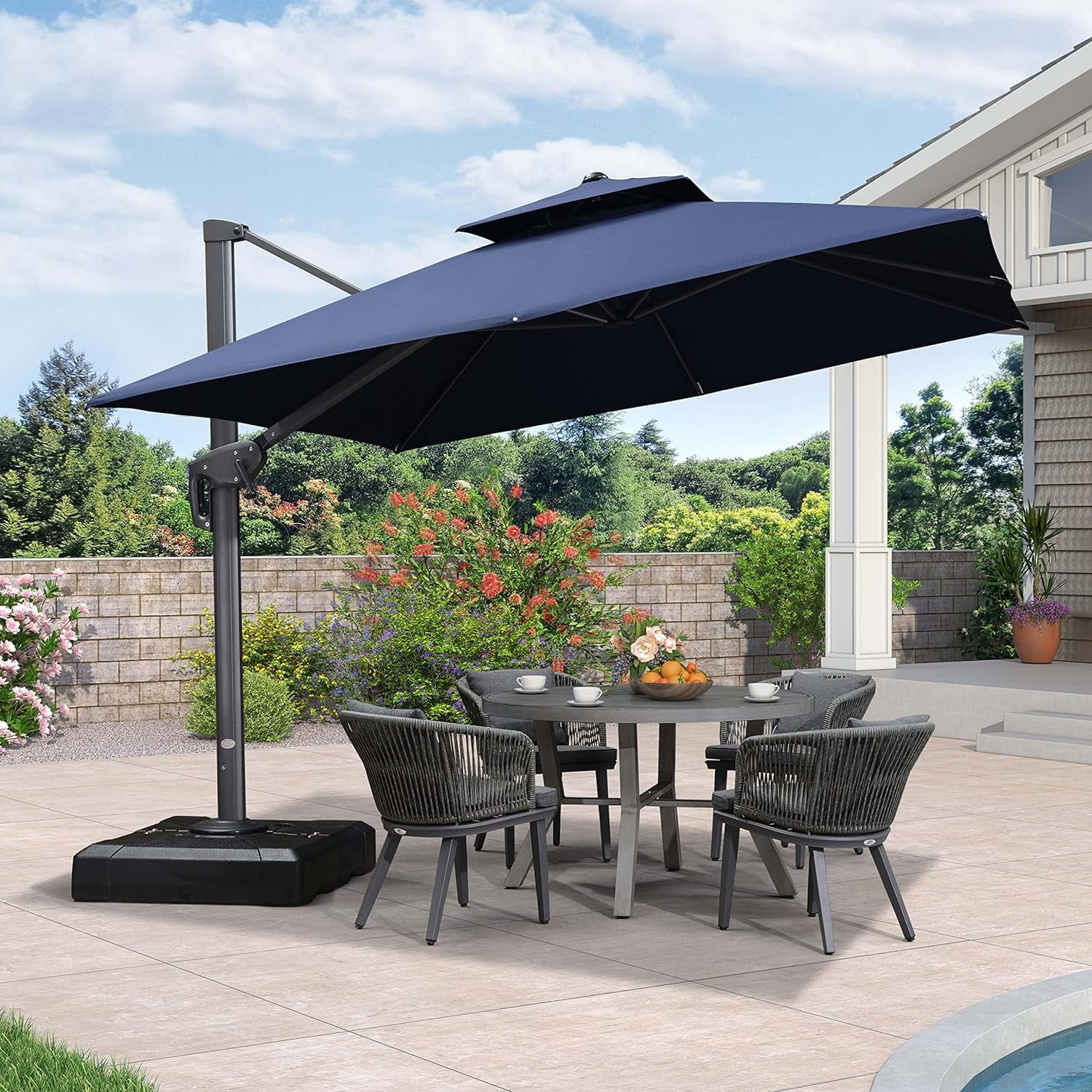 PURPLE LEAF 10FT Cantilever Outdoor Umbrellas Large Patio Umbrella Hanging Double Top Square Offset Umbrella with 360°Rotation Tilting Outdoor Patio, Navy Blue