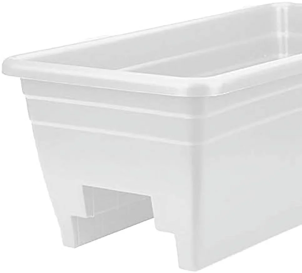 24 Inch Wide Heavy Duty Plastic Deck Rail Mounted Garden Flower Planter Boxes With Removable Drainage Plugs, White (6 Pack)