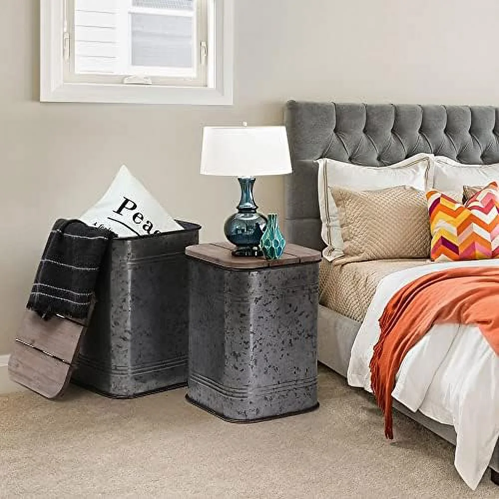 JYHOME Farmhouse    Rustic  Ottoman Seat Stool  Galvanized Antique Metal End  Box Bin with Square Wood Lid  Nesting Pieces Two (Square&Black)