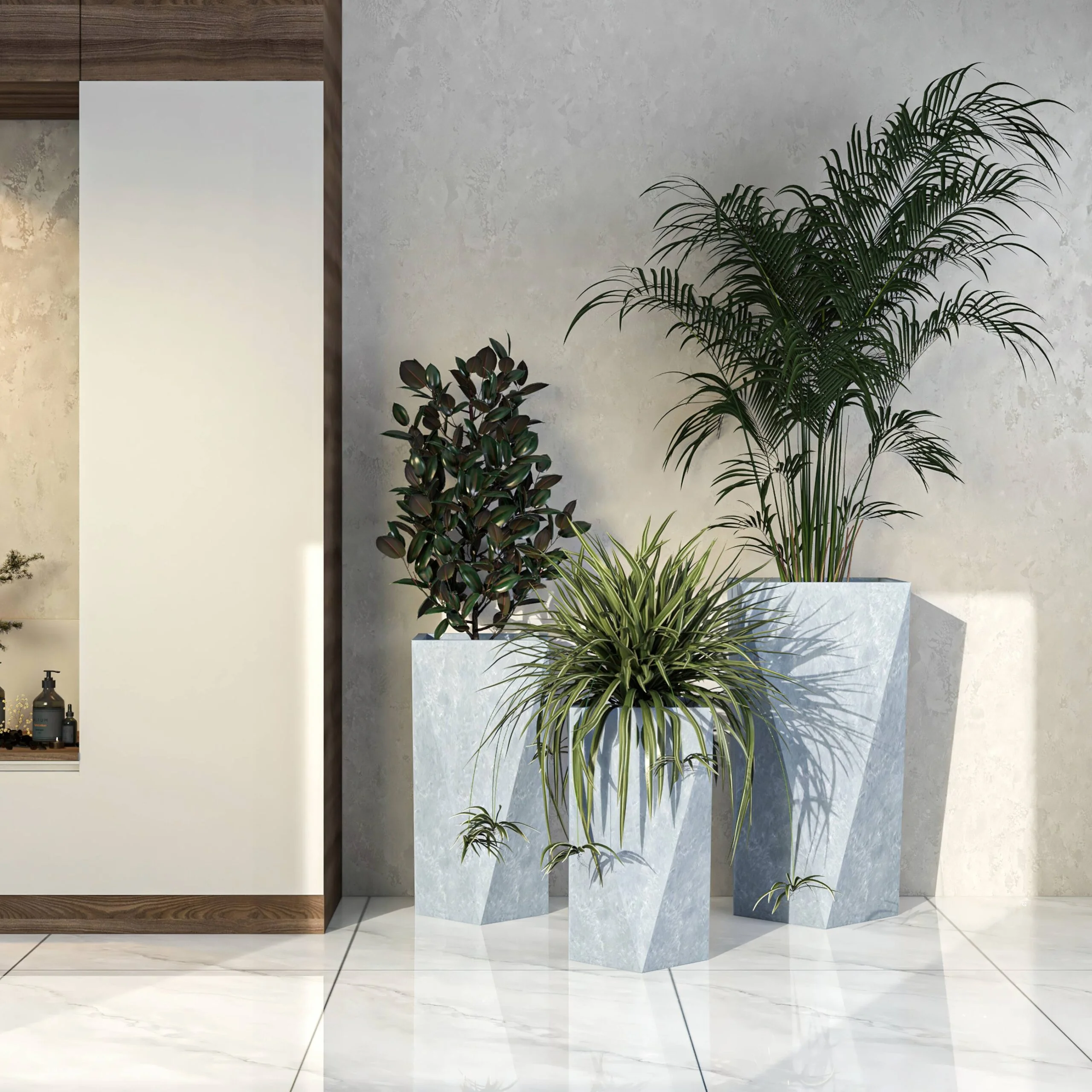 LeisureMod Aloe 3-Piece Fiberstone and MGO Clay Planter Set, Mid-Century Modern Tapered Square Planter Pot for Indoor and Outdoor (Grey)