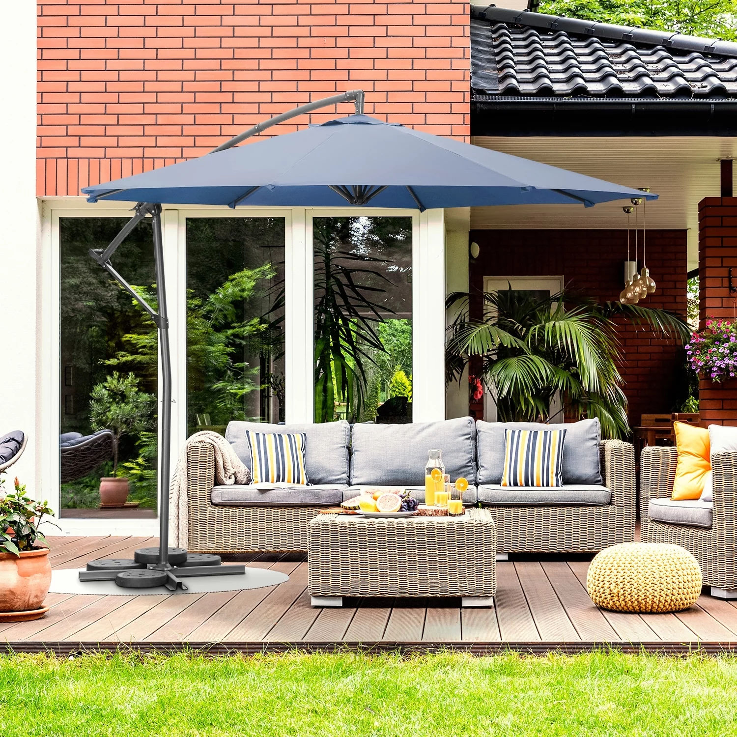 Ainfox 10FT Patio Cantilever Umbrella with Cross Base 360 Degree Rotation Outdoor Umbrella Orange