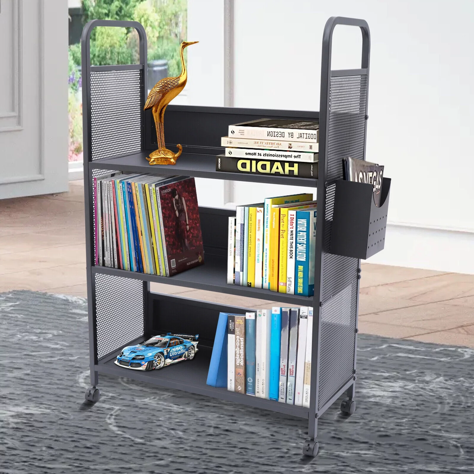 3-Tier Library Book Cart Rolling Storage Truck Rack W/Swivel Wheels