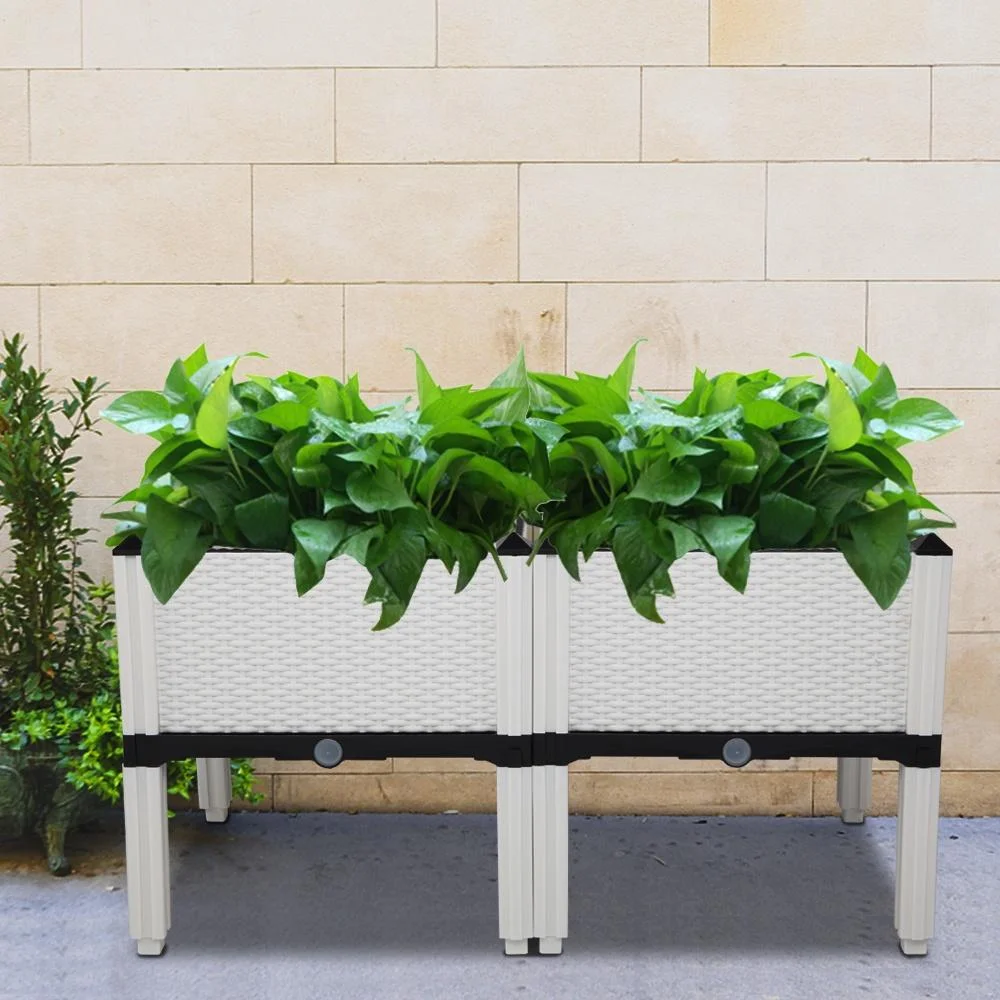Plastic Raised Garden Bed Kit, Seizeen Planting Box Set of 2, Garden Plant Container Rattan Pattern, with Removable Legs, Drainage Hole, Free Combined DIY Design