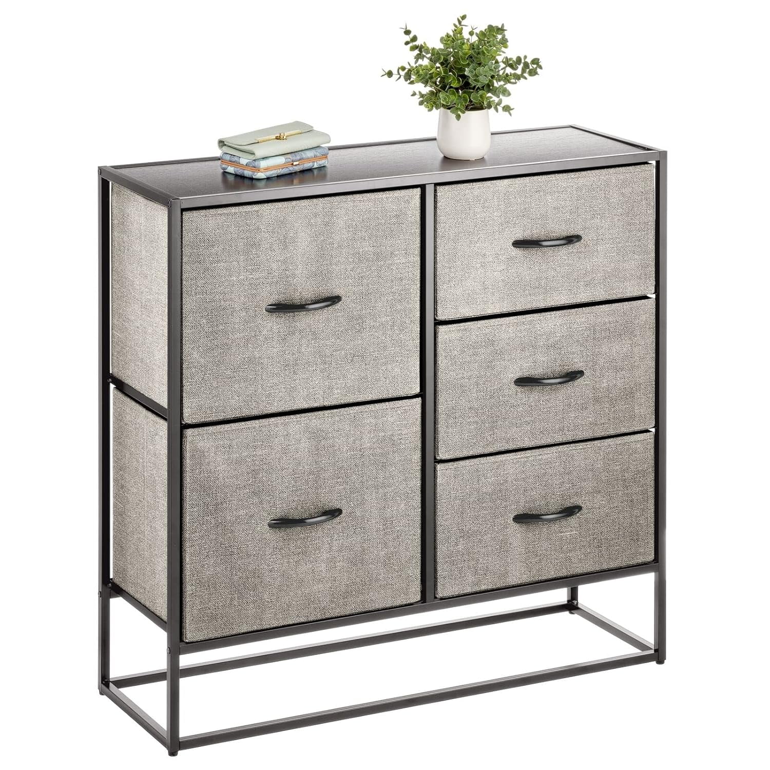RSJIWOGZ Tall Modern 5-Drawer Dresser  Chest - Sturdy Steel Frame  Wood Top  Easy Pull Fabric Bins/Wood Handles - Organizer Unit for Bedroom  Hallway  Entryway  Closets - Black/Graphite G