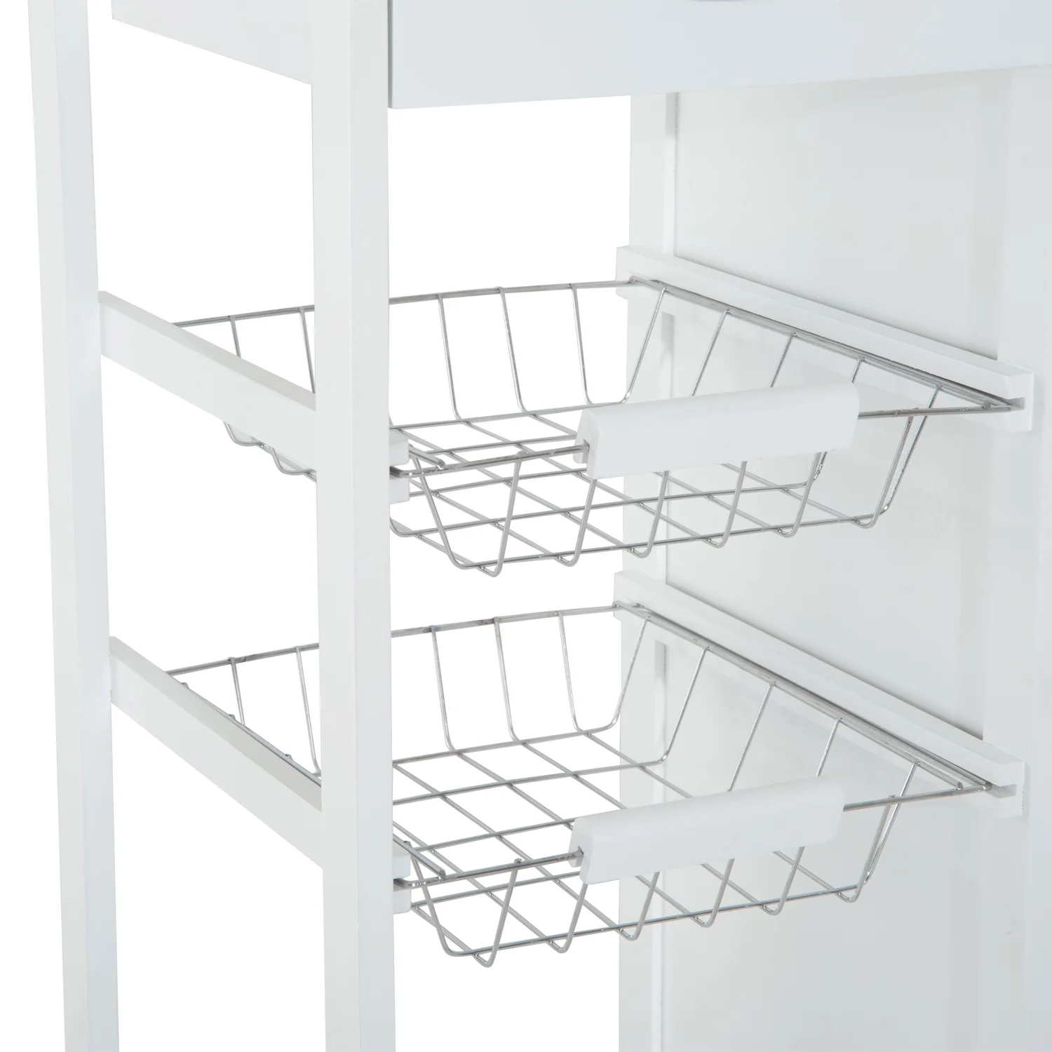 HOMCOM 28â€ Rolling Kitchen Trolley Serving Cart Storage Cabinet Bamboo Top with Wire Basket & Glass Door & Drawers - White