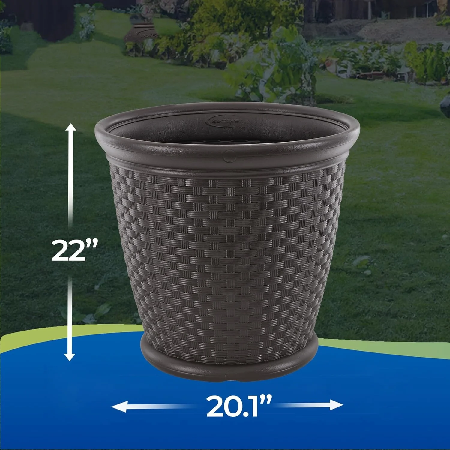 Suncast Sonora 22 Inch Plastic Wicker Indoor or Outdoor Decorative Garden Flower Planter for Entryways, Porch, and Backyard Patios, Dark Brown