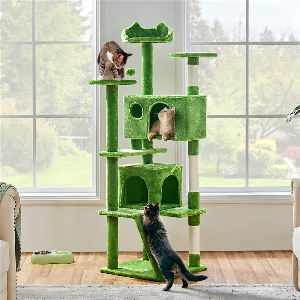 Smile Mart 62.5'' Height Multilevel Cat Tree with 2 Condos for Kittens/Small Cats, Green