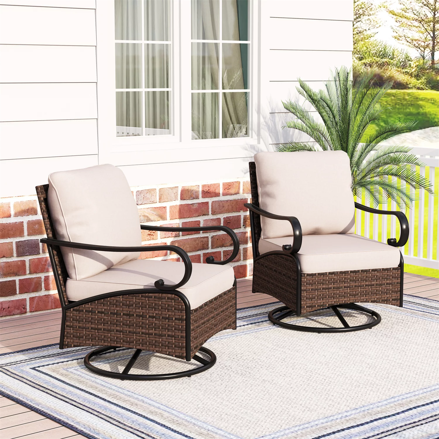 MF Studio 2 Pieces Outdoor Dining Chairs Patio Rattan Swivel Chairs with Beige Cushions