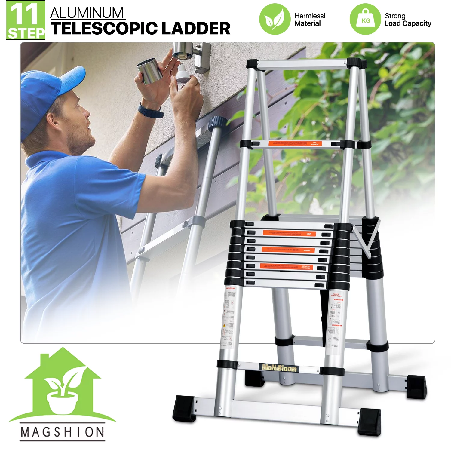 Magshion Telescoping Ladder A Frame, 10Ft Aluminum Extension Ladder, Telescopic RV Ladder with Stabilizer Bar for Household and Outdoor Working, 330lbs Capacity, Black/Silver