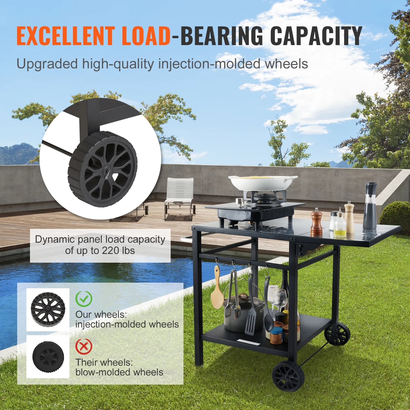 SKYSHALO BBQ Movable Outdoor Grill Dining Cart Double-Shelf Food Prep Trolley Patio