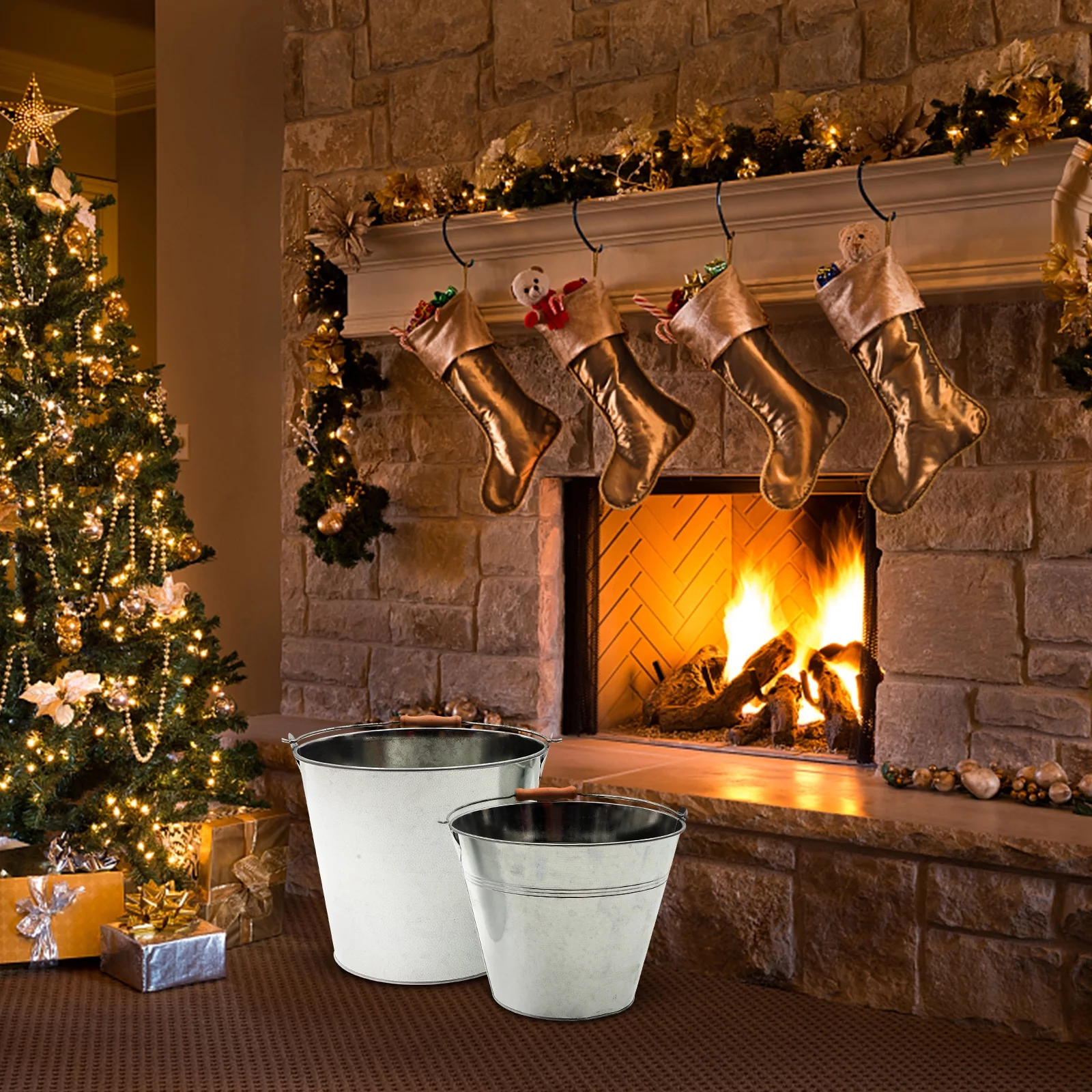 2pcs Iron Storage Buckets Fireplace Ash Buckets Charcoal Barrels Iron Buckets