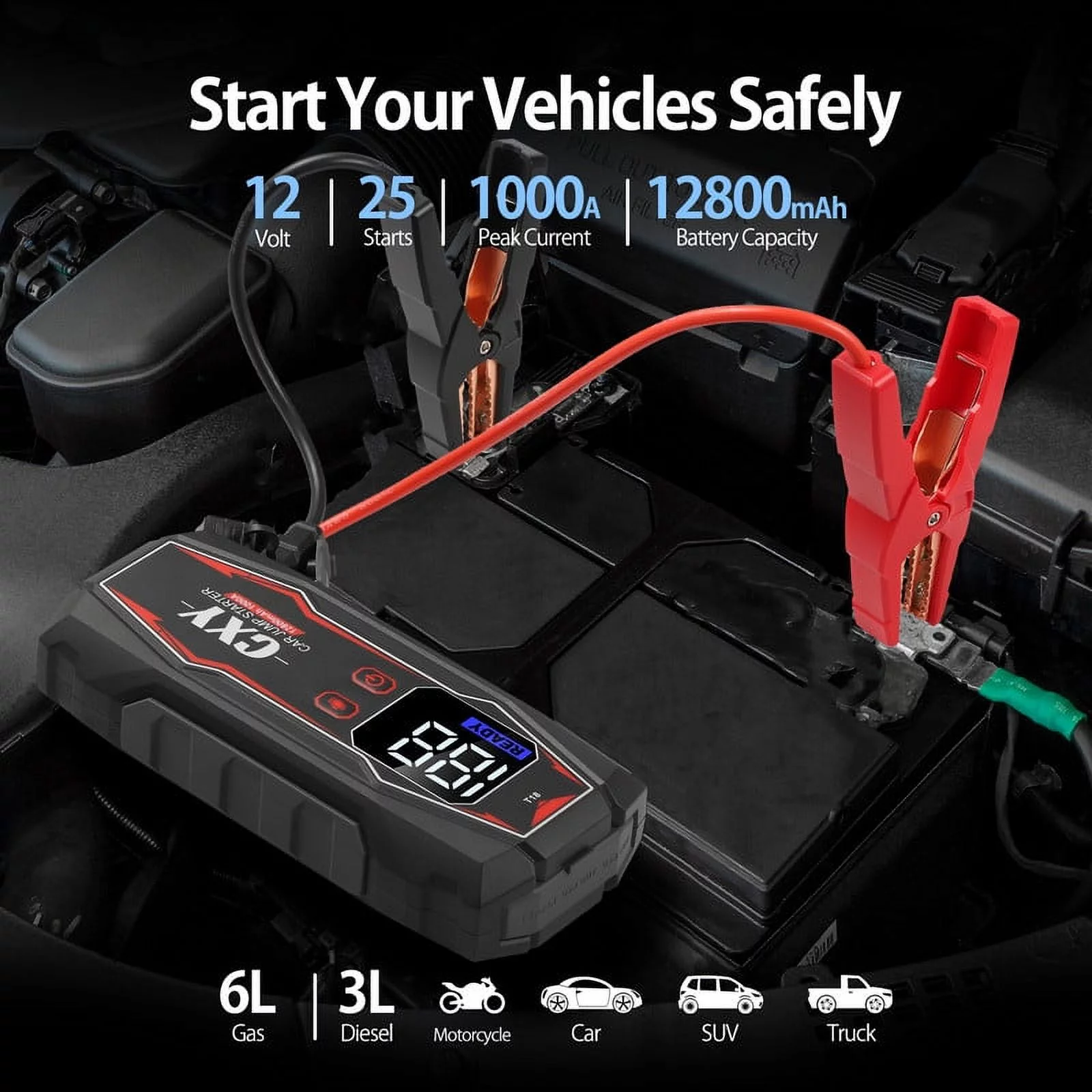 CXY T18 1000 Amp Jump Starter Power Pack, Fast Charging 12V Car Jump Starter, Car Battery Booster, Portable Power Bank Charger with Digital LED Screen for Up To 6L Gas or 3L Diesel Engine