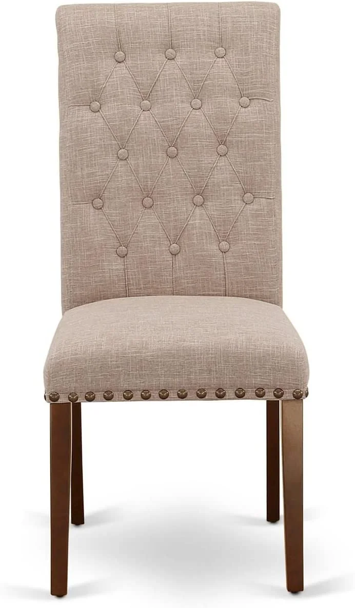BRP3T04 Parson Dining Room Button Tufted Nailhead Trim Light Tan Linen Fabric Padded Chairs, Set Of 2, Mahogany