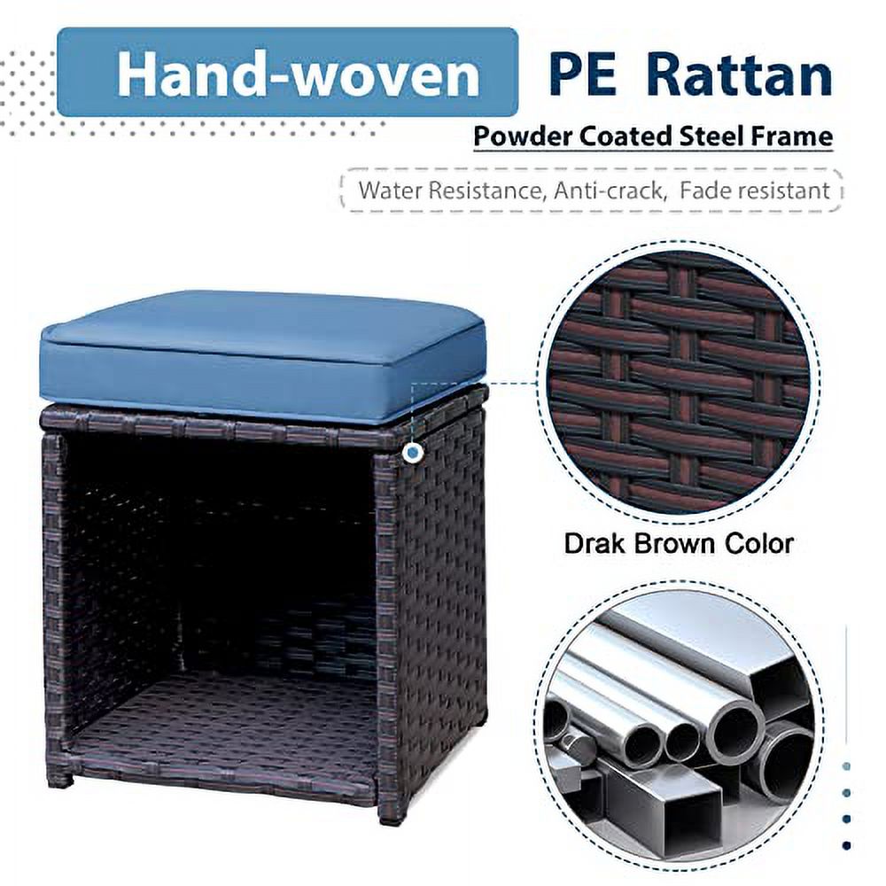 JOIVI 2 Pieces Outdoor Patio Ottoman, All Weather Rattan Wicker Ottoman Set, Outdoor Footstool Footrest Seat with Removable Cushions Storage Space, Aegean Blue