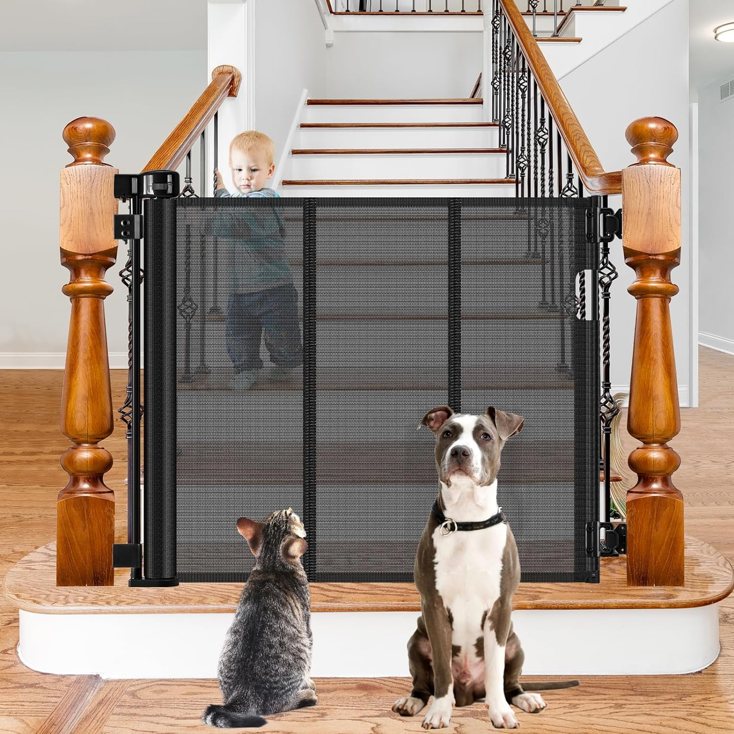 Reinforced Retractable Dog Gate for Stairs, 55 Inch Baby Stair Gate to Keep Kids & Pets from Getting Under Retractabe Baby Gates with Adjustable Hardware Fits Stair Posts, Railings, Doorways, Black