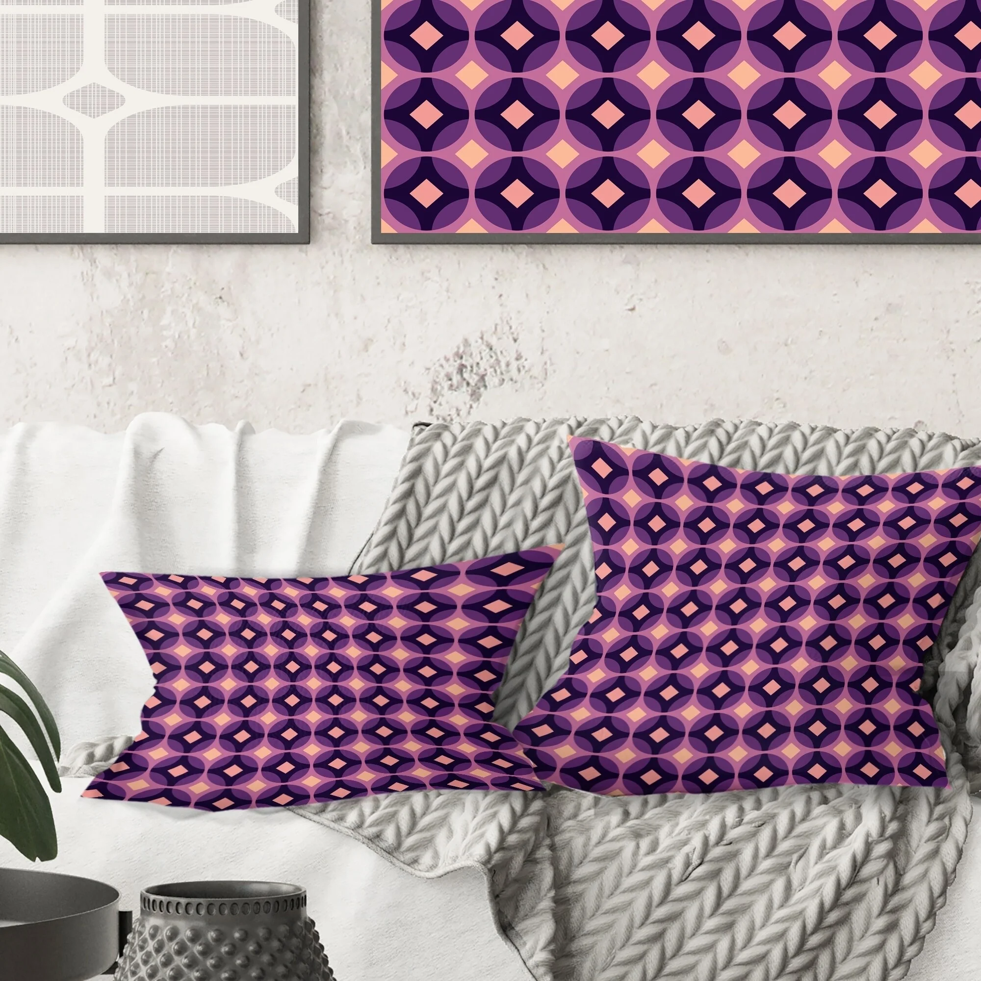 DESIGN ART Designart 'Retro Circular Purple and Yellow Pattern' Mid-Century Modern Throw Pillow 18 x 18 Medium