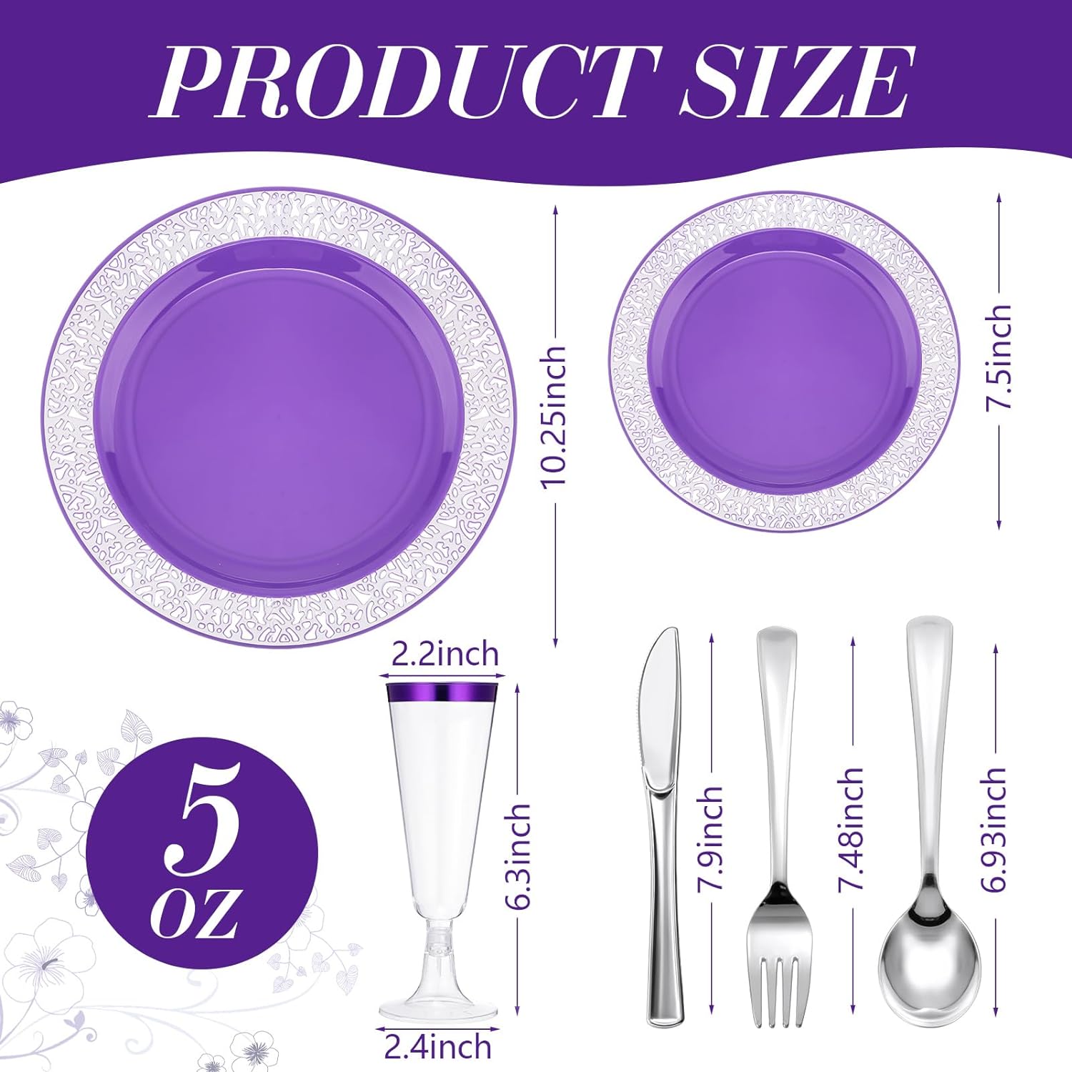 MINGFENG 300 Pieces Disposable Plastic Dinnerware Set, 100 Plastic Plates, 50 Champagne Flutes, 150 Knives, Forks and Spoons for 50 Guests Wedding Party Supplies (Purple)