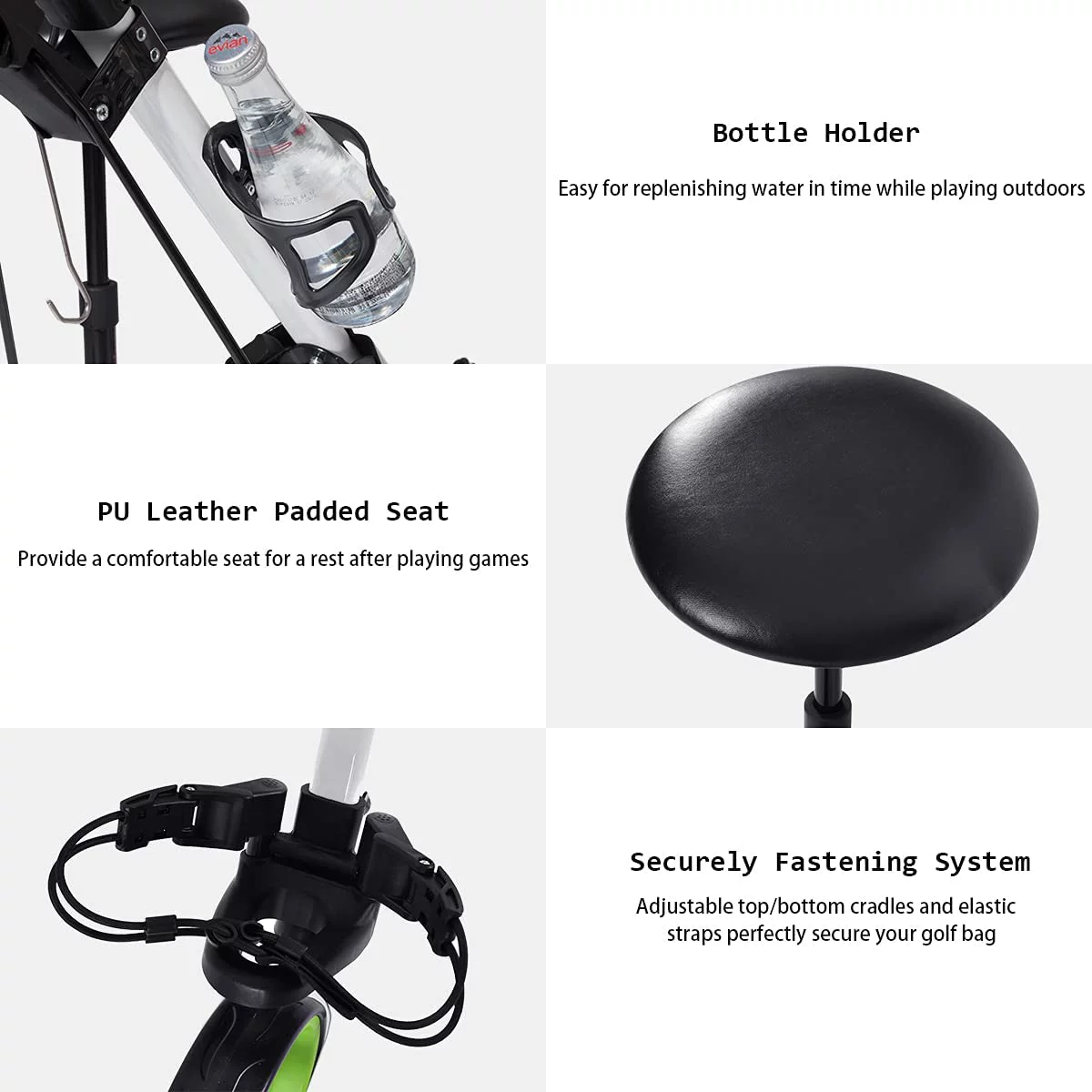 Golf Push Pull Cart with Seat, Lightweight Foldable Collapsible 3 Wheels Golf Push Cart, Golf Trolley with Foot Brake, Adjustable Umbrella Holder & Seat, 4 Height Position Handle