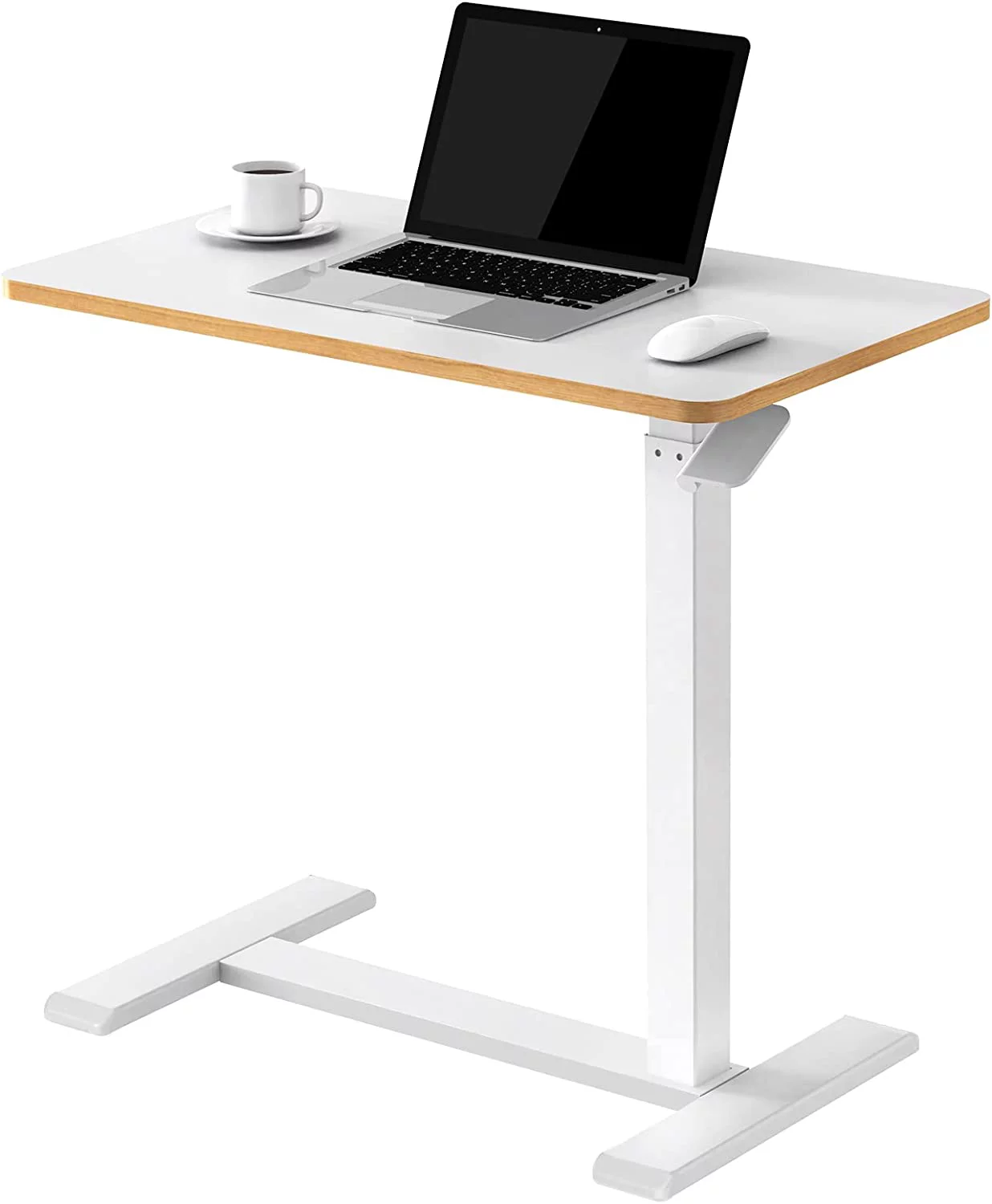 Medical Adjustable Overbed Bedside Table with Hidden Casters, Pneumatic Mobile Laptop Computer Standing Desk Cart with Tray, Hospital and Home Use