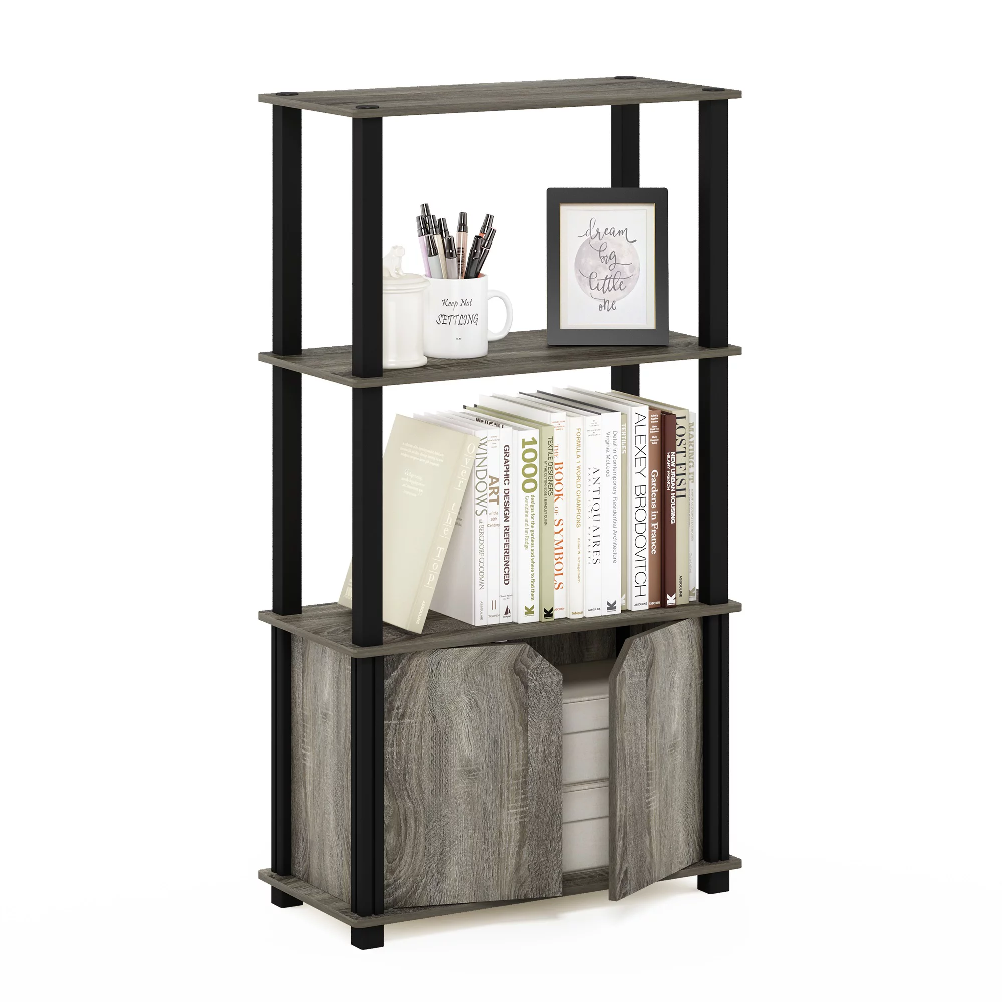 Furinno Brahms 4-Tier Multipurpose Display Shelf with Door, French Oak Grey/Black