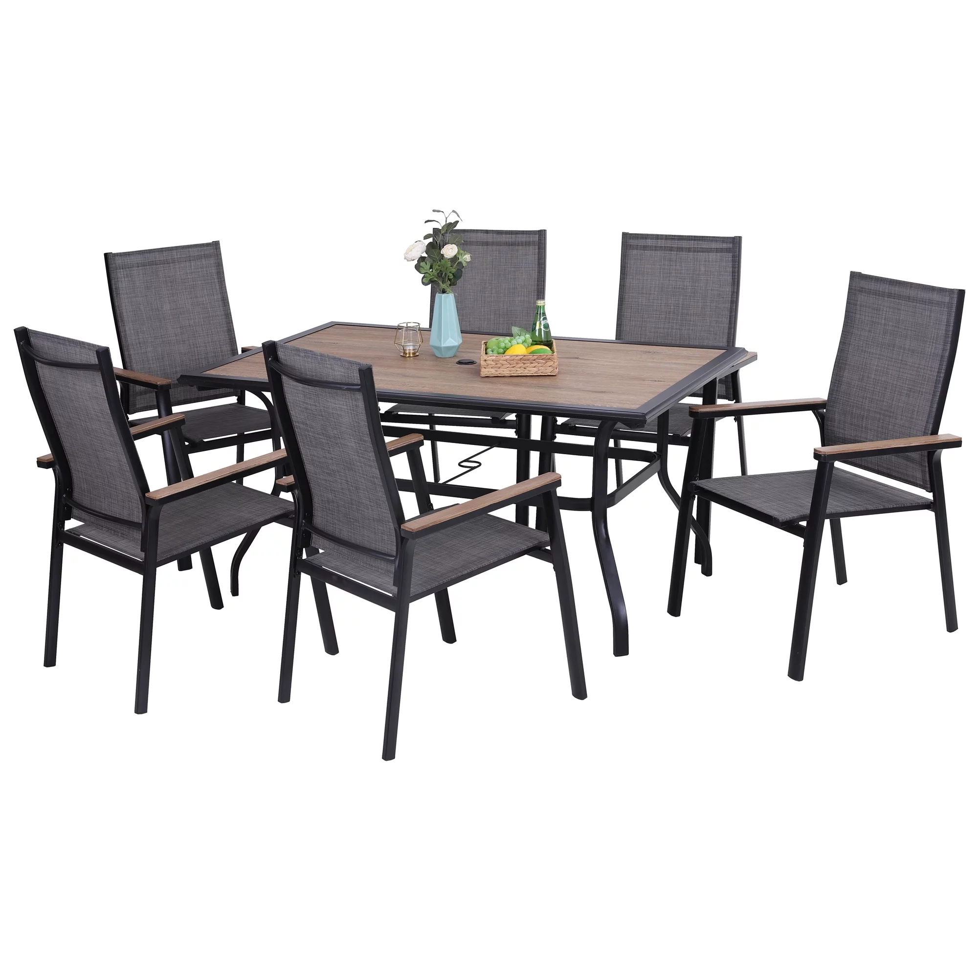 MF Studio 7PCS Patio Dining Set Outdoor Modern Furniture with 6PCS Aluminum Chairs and 1PC Rectangular Dining Wood Table Suitable for Dinner&Summer, Black&Gray