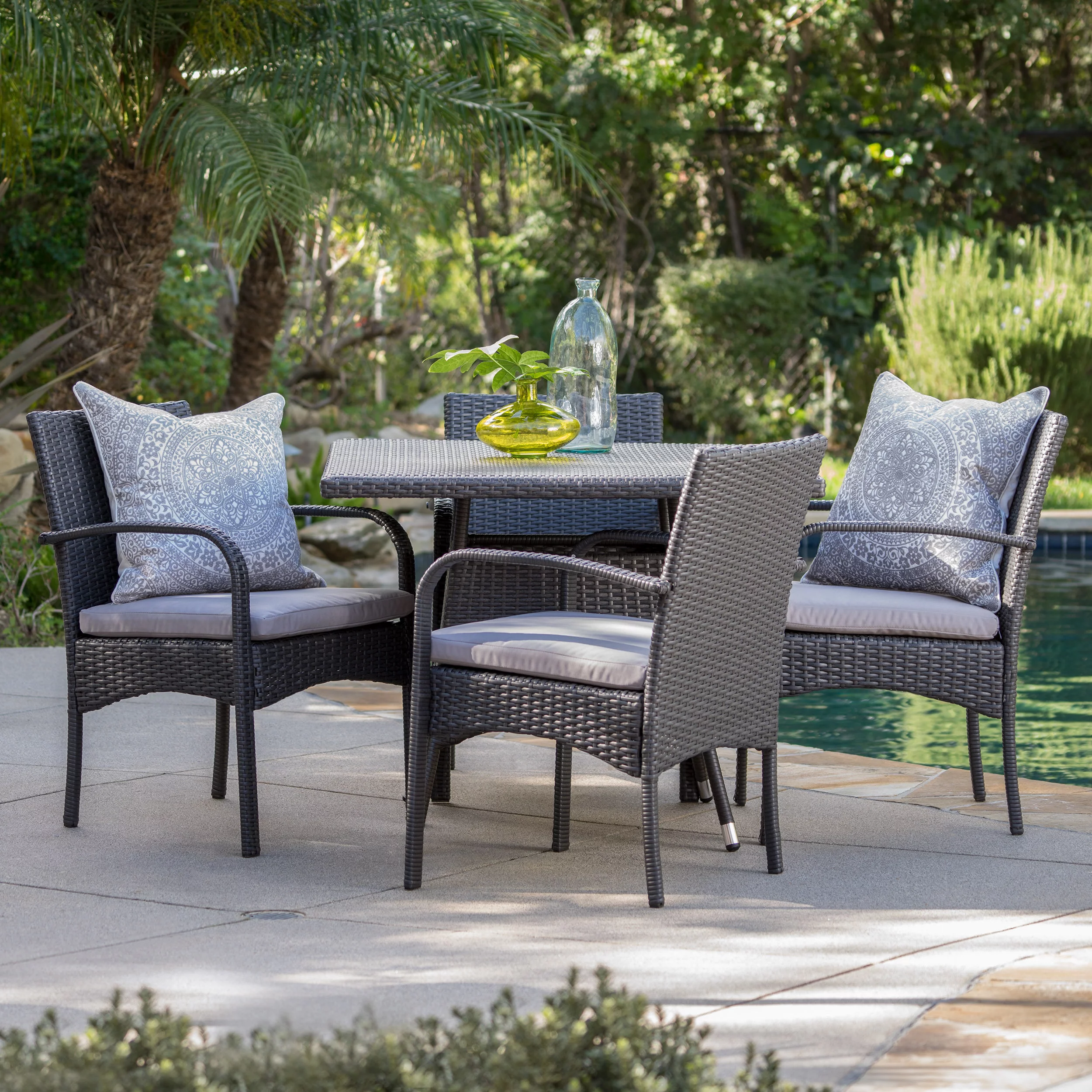 Noble House Artic Outdoor 5 Piece Wicker Dining Set with Cushions, Grey