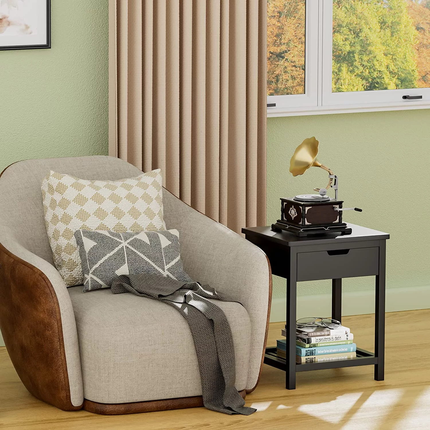 Nightstand with Drawer, Bamboo, Nightstand, Small Cabinet Black-