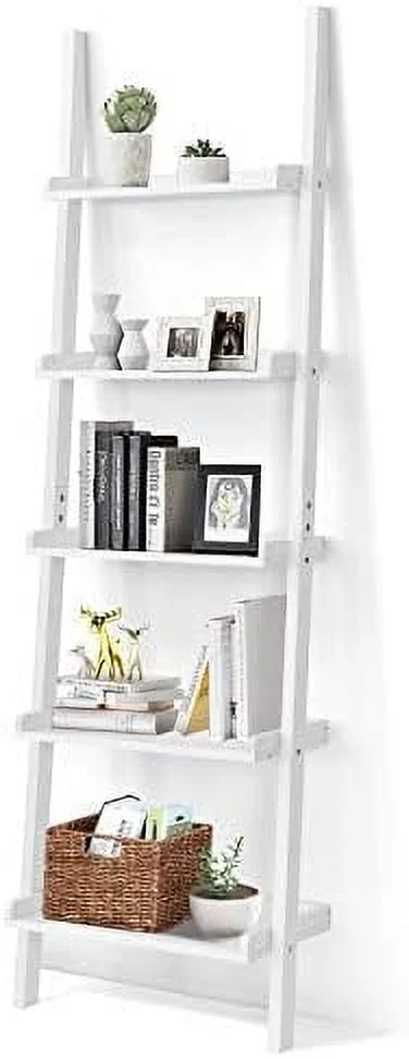 JDZHAPPYLIFE 5-Tier Ladder   Wall-Leaning Bookshelf w/Open Shelves  Plant Flower Stand   Display Organizer Rack  Multifunctional Bookcase for Living Room Home Office (White)