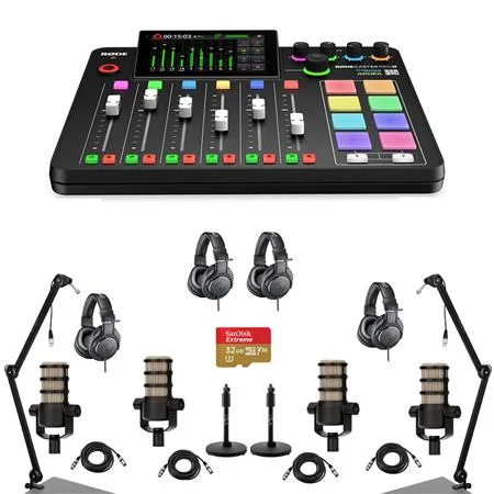 RODECaster Pro II Integrated Audio Production Studio Console Bundle with 4x PodMic Microphone, 4x TAPH500 Headphones, 2x Broadcast Arm, 2x Mic Stand, 4x M to F XLR Cable, 32GB microSD Card
