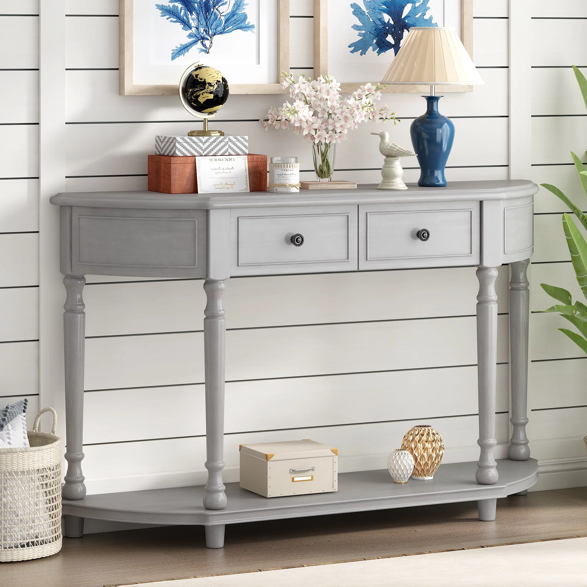 Retro Circular Curved Design Console Table with Open Style Shelf Solid Wooden Frame and Legs Two Top Drawers (Gray Wash, OLD SKU: WF298768AAE)