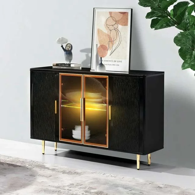 Sideboard Buffet Cabinet Bar with Glass Doors and Lights,Kitchen Accent Cabinet Cupboard Buffet Table with 2 Tier Storage Shelves Case Display for Dining Room,Living Room,Hallway,Black