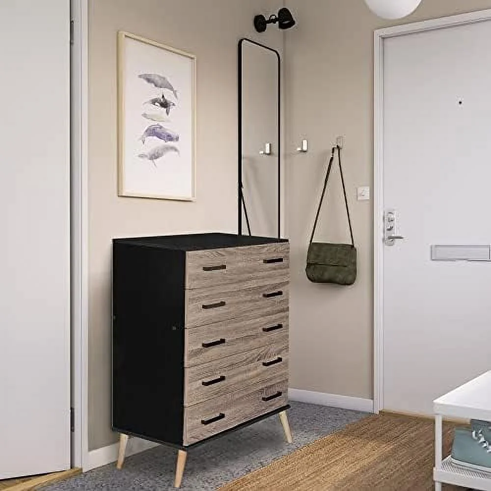 HBBOOMLIFE Eli Mid-Century Modern 5 Drawer Chest Dark Gray & Honey Oak