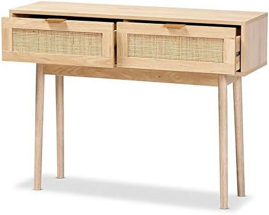 FDIGLUL Light Oak Brown Finished Wood and Rattan 2-Drawer Console Table