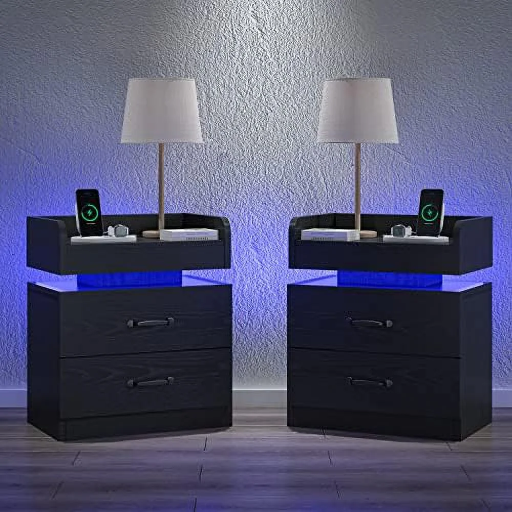 ZFGSUIJN Black Nightstand with Charging Station  Night Stand with LED Lights  Modern Led End  Nightstand for Bedroom  Bedside  with 2 Drawers  Bed  with   Room