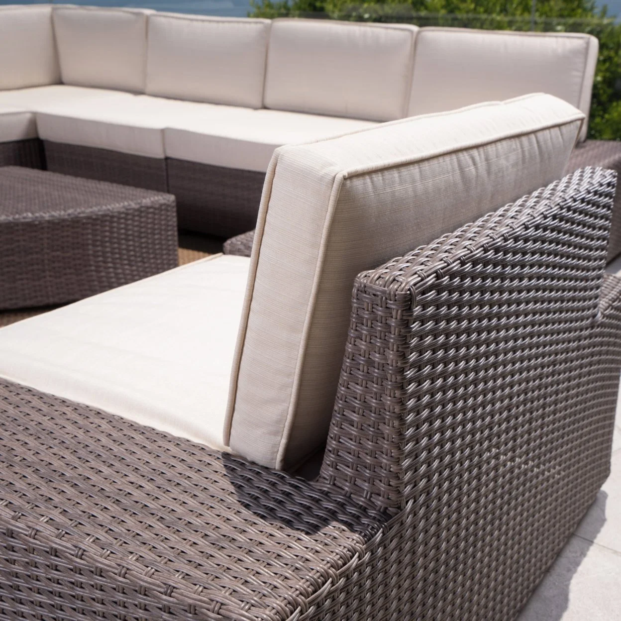 Bowen Outdoor 8 Piece Wicker Sectional Set, Dark Brown and Beige