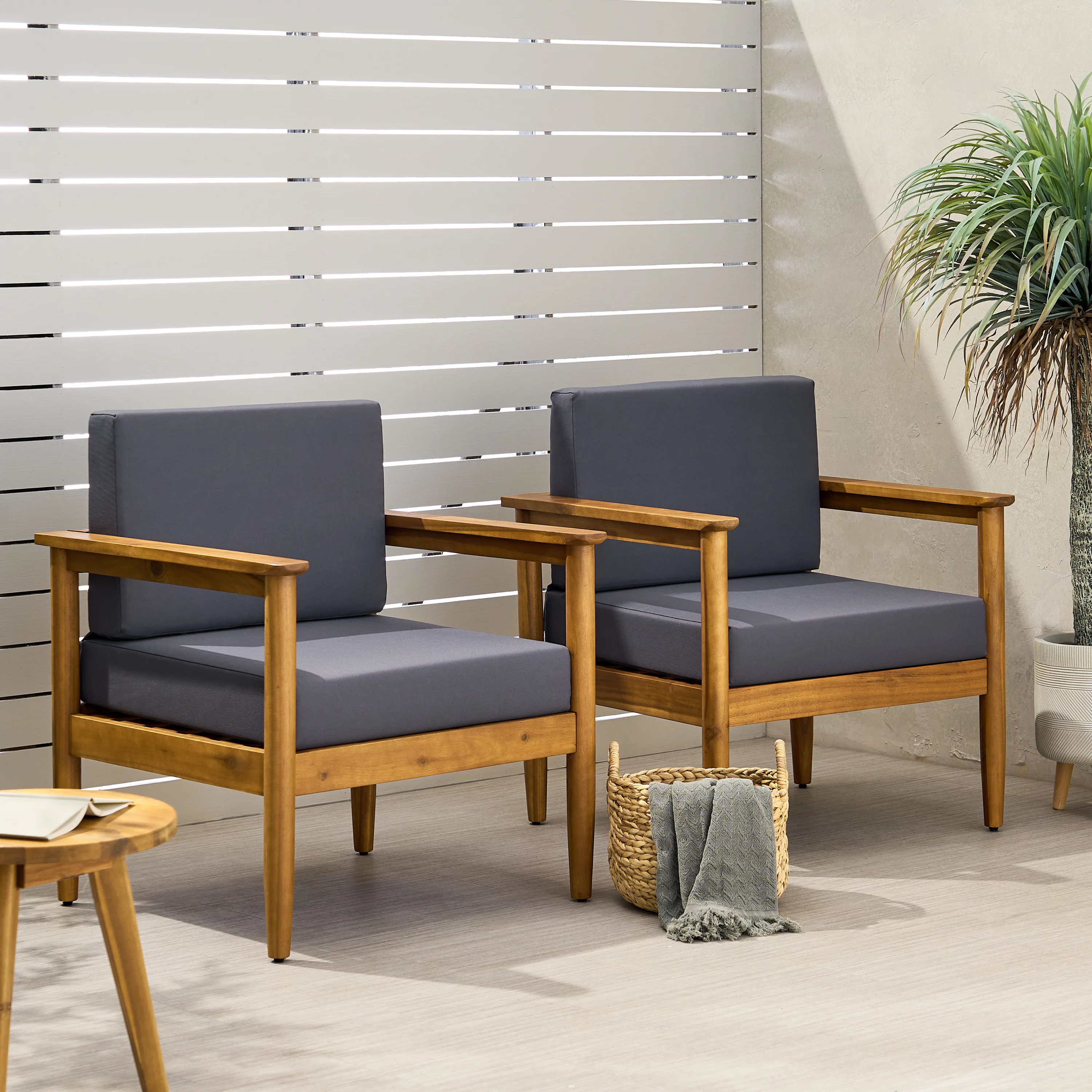 GDF Studio Plumb Outdoor Acacia Wood Club Chair (Set of 2), Teak and Dark Gray