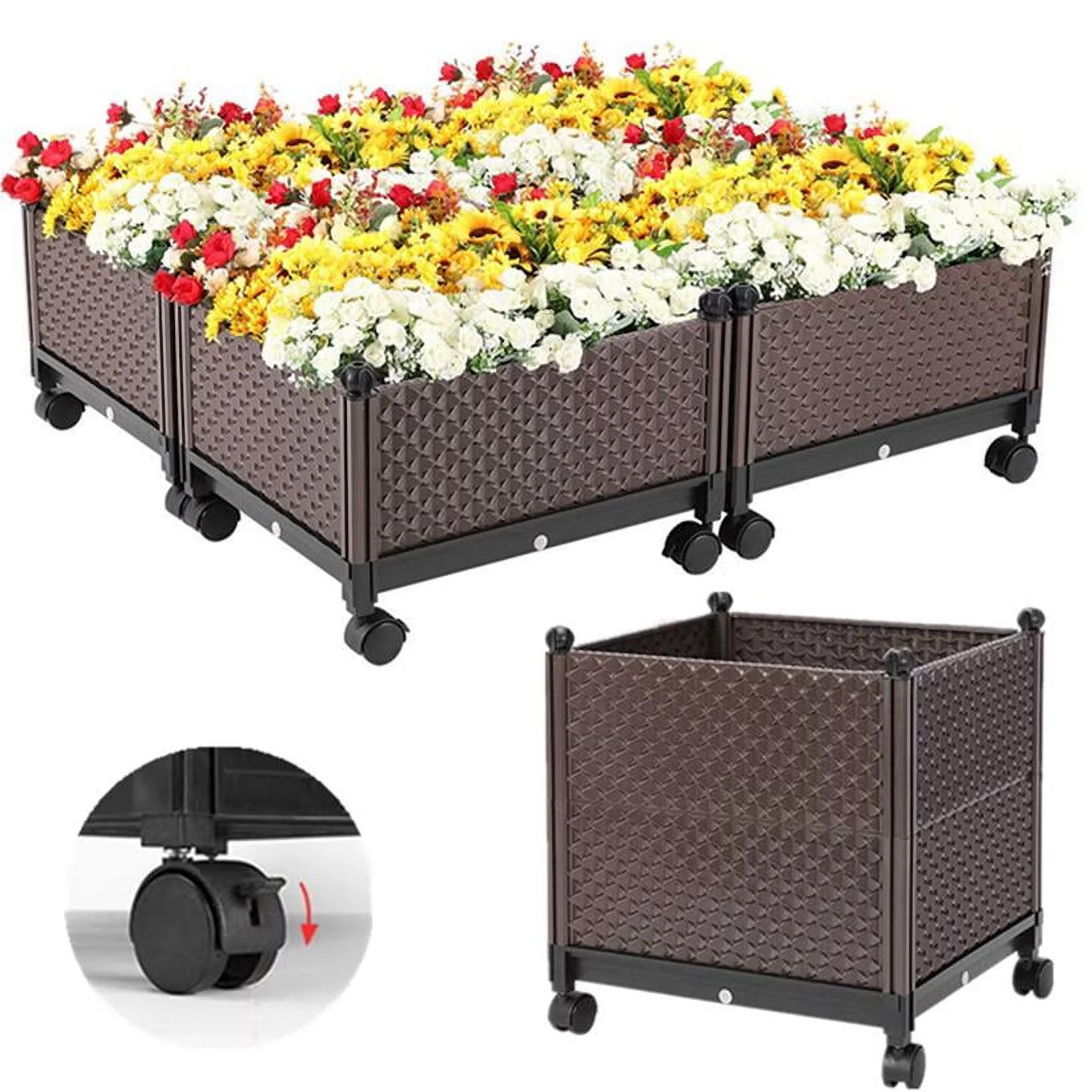 Elevated Plastic Wheeled Raised Garden Bed Planter Kit for Flower Vegetable Grow Brown Set of 4