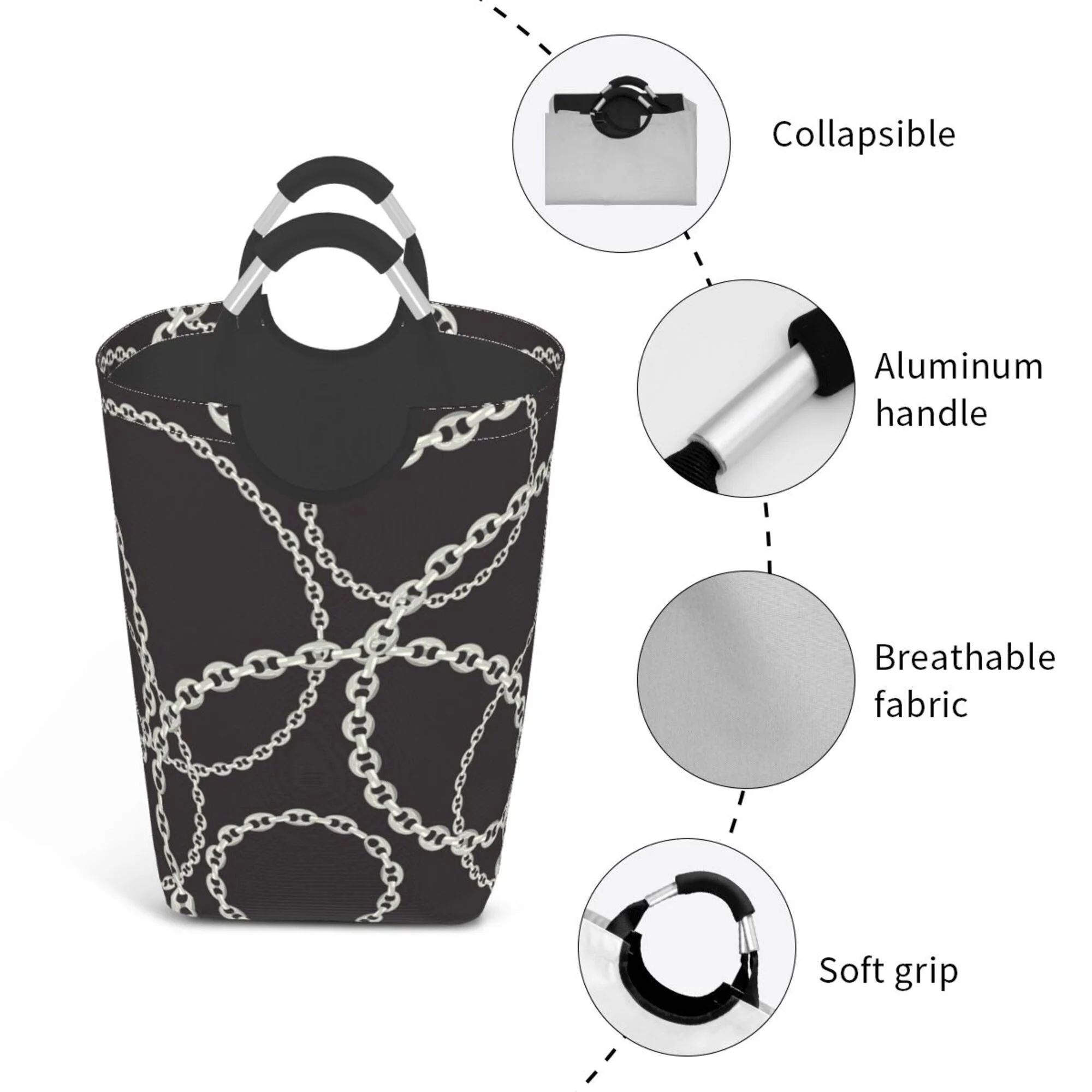 TEQUAN 50L Large Rectangular Laundry Hamper with Aluminum Handles, Fashion Silver Chains Texture Prints Waterproof Foldable Dirty Clothes Basket