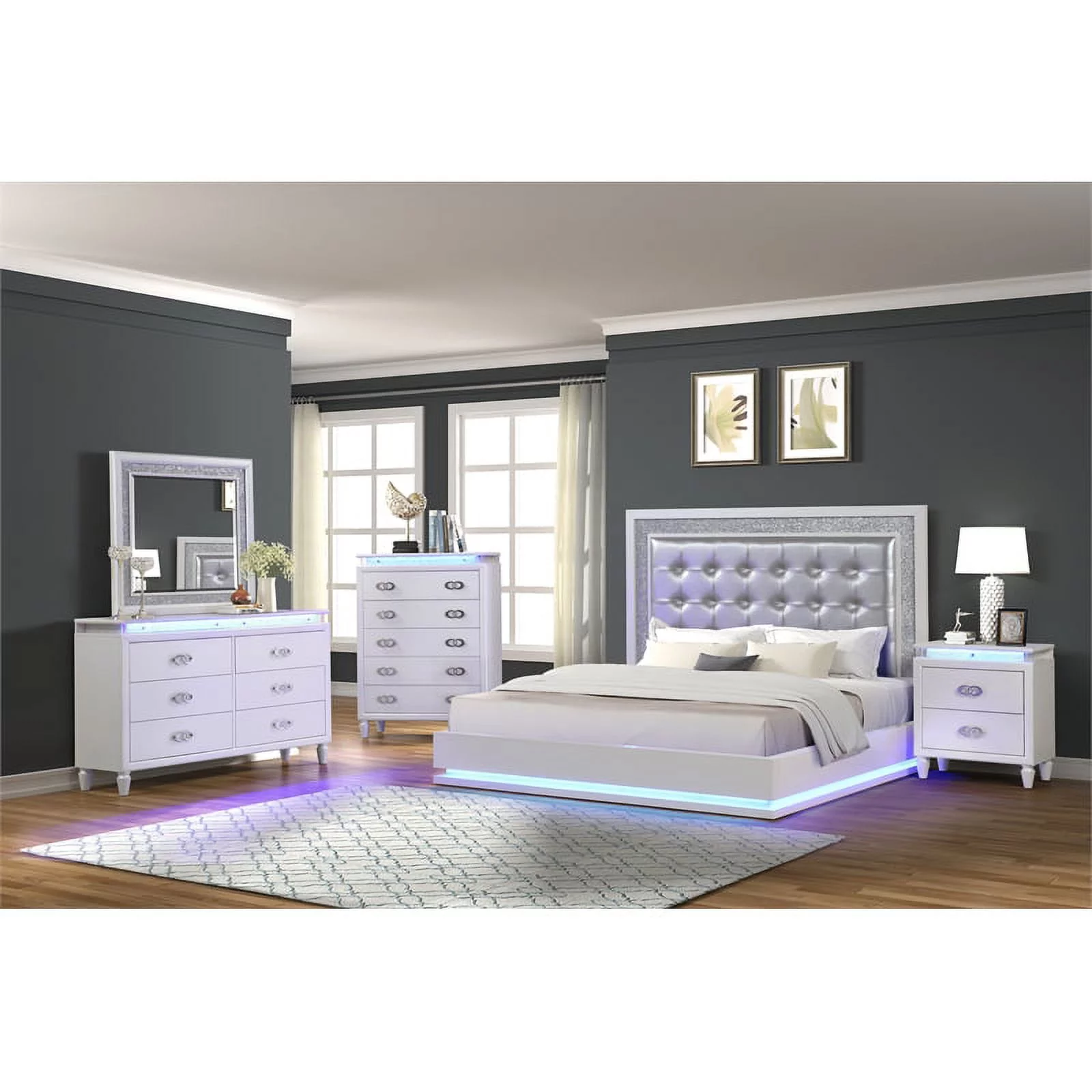 Atlin Designs Passion LED Queen Bed Made with Wood in Milky White