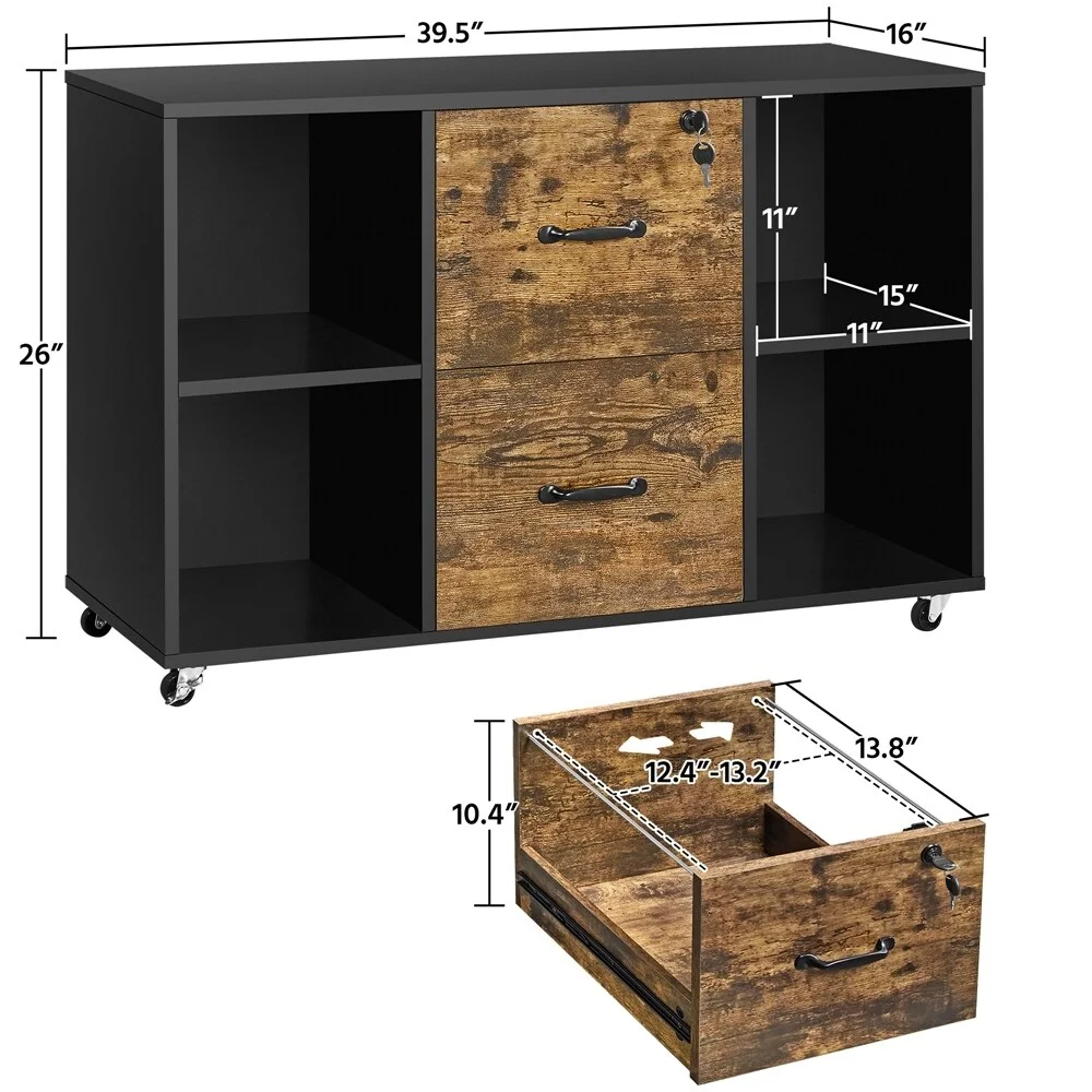 Yaheetech  Mobile File Storage Cabinet with 2 Drawers and 4 Shelves Black/Rustic Brown