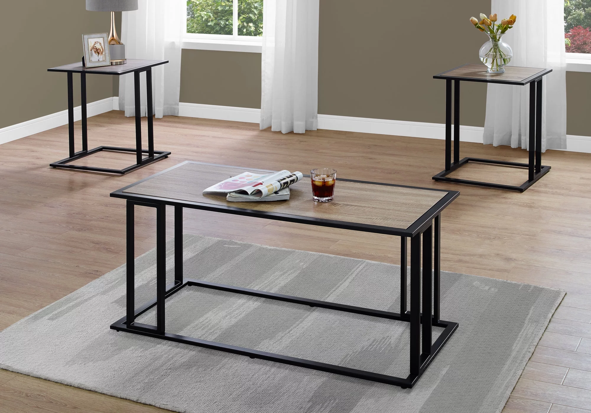 Table Set - 3Pcs Set, Dark Taupe, Black Metal
