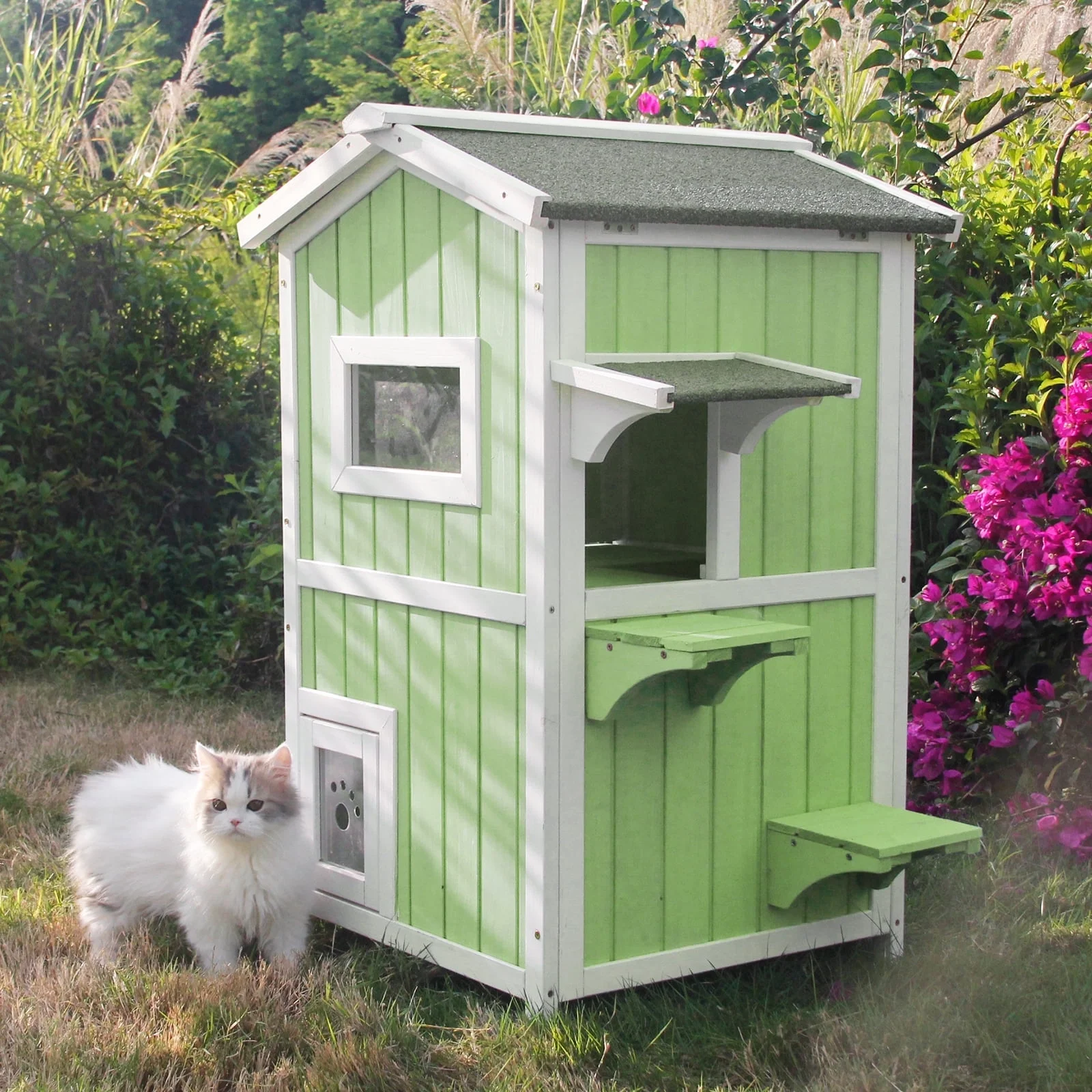 PetsCosset 37.8'' Cat House Outdoor with View Door, Wood Feral Cat Shelter for Small Animals,Cat houses for Outdoor Cats for Winter,Green