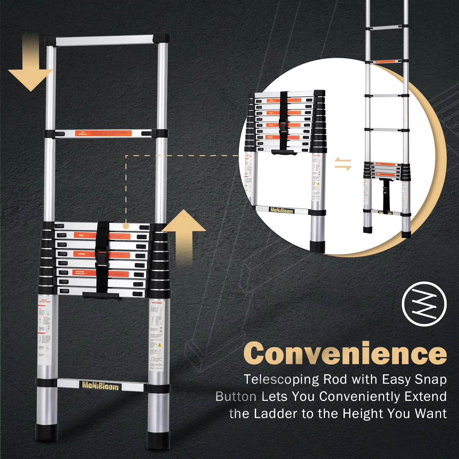 MoNiBloom 10.6Ft Aluminum Telescoping Multi Position Ladder, 330lbs Load Capacity, Extension Steps Anti-Slip Rubber Feet