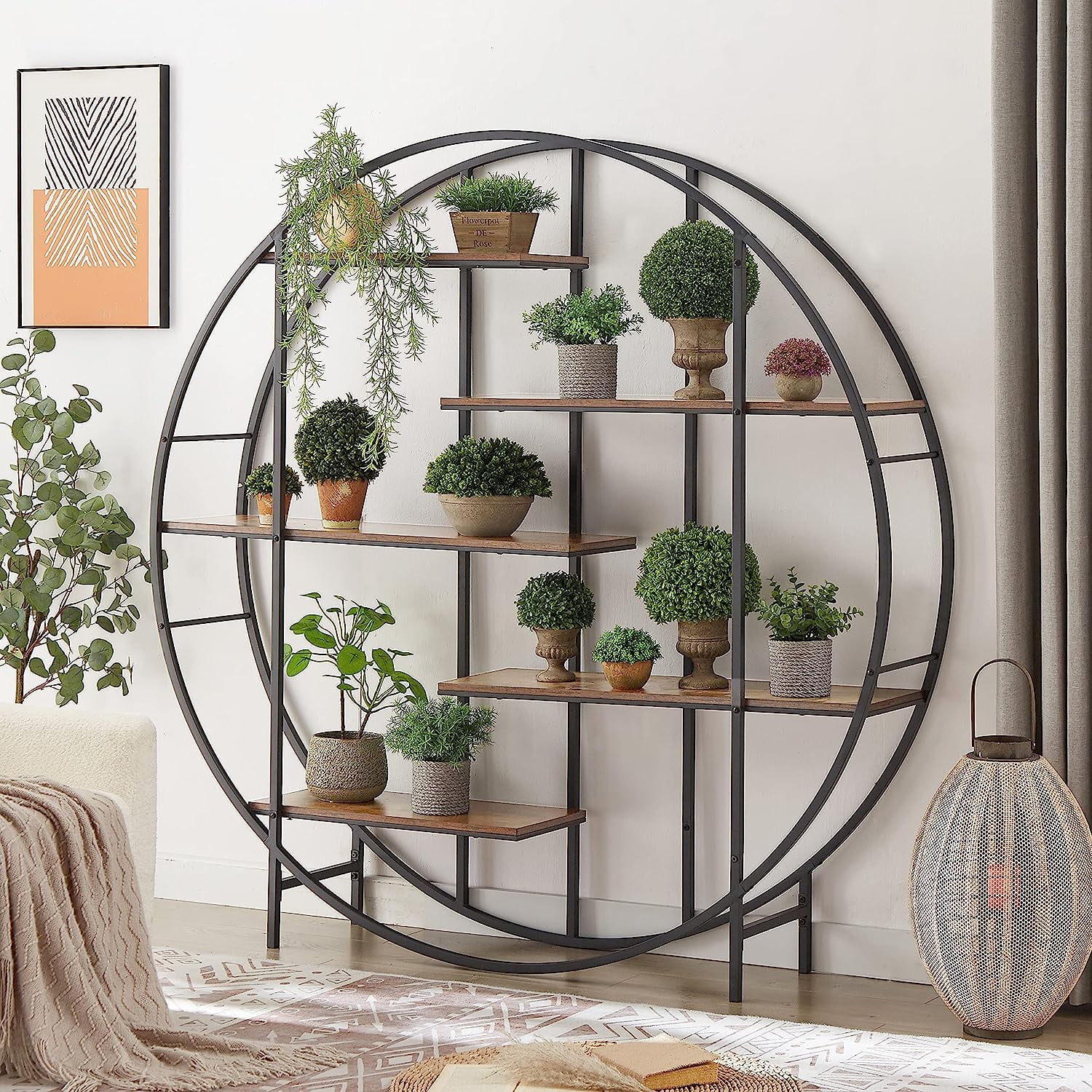 HBBOOMLIFE Plant Stand  Round 5-Tier Plant  for Indoor & Outdoor  Metal Plant Stand  Open Bookcase  Rack  Balcony Display Stand for Indoor Living Room  Terrace  Garden  Rustic Brown